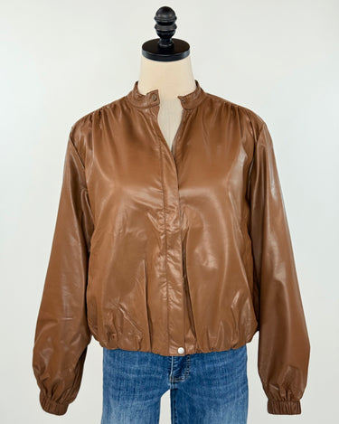 Rebel Glow Faux Leather Bomber Jacket in Brown-141 Outerwear Coats & Jackets-Little Bird Boutique