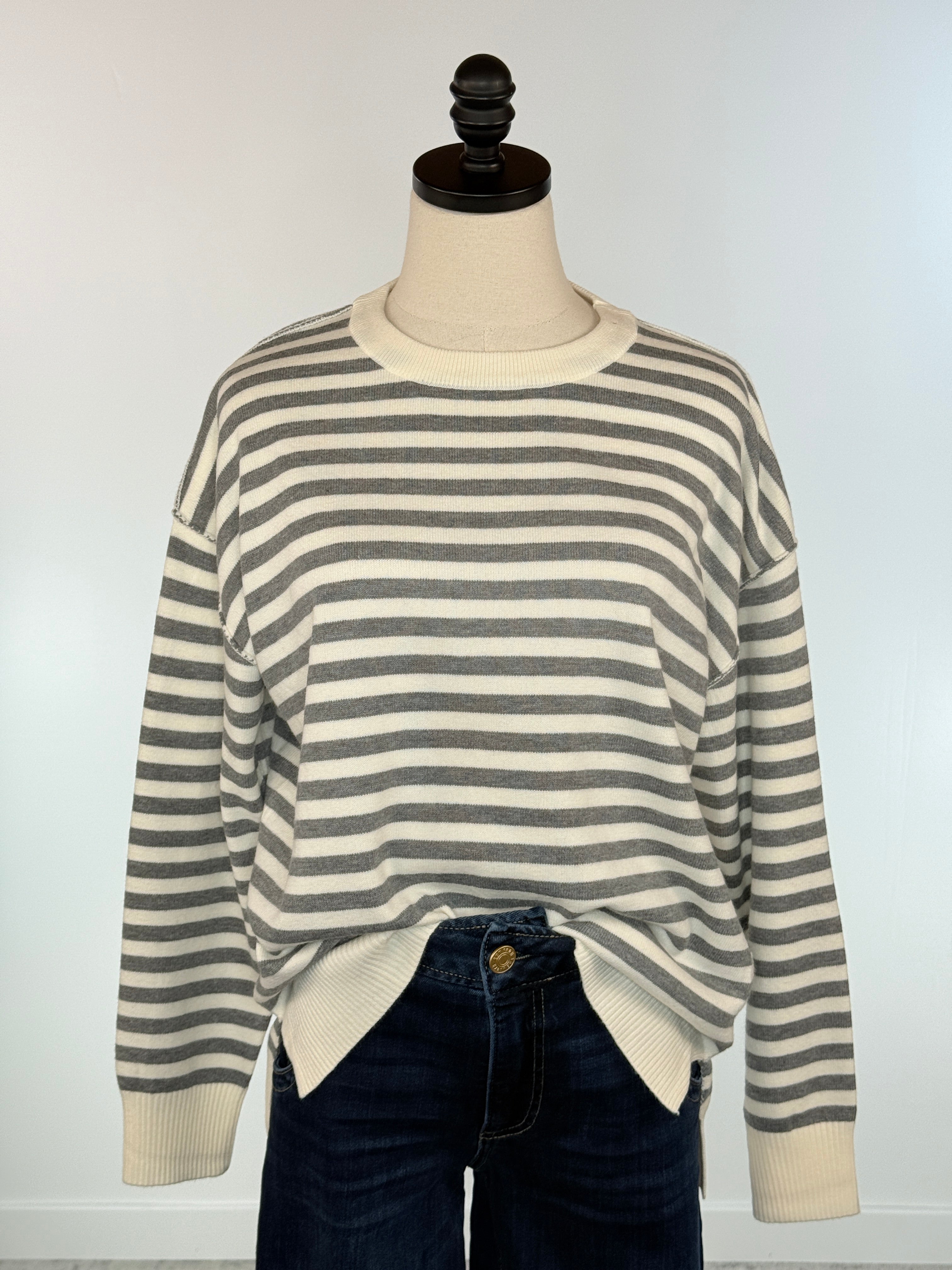 Coastal Classic Striped Sweater Gray and White Stripe-131 - Sweaters F/W (June - Nov)-Little Bird Boutique