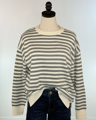 Coastal Classic Striped Sweater Gray and White Stripe-131 - Sweaters F/W (June - Nov)-Little Bird Boutique