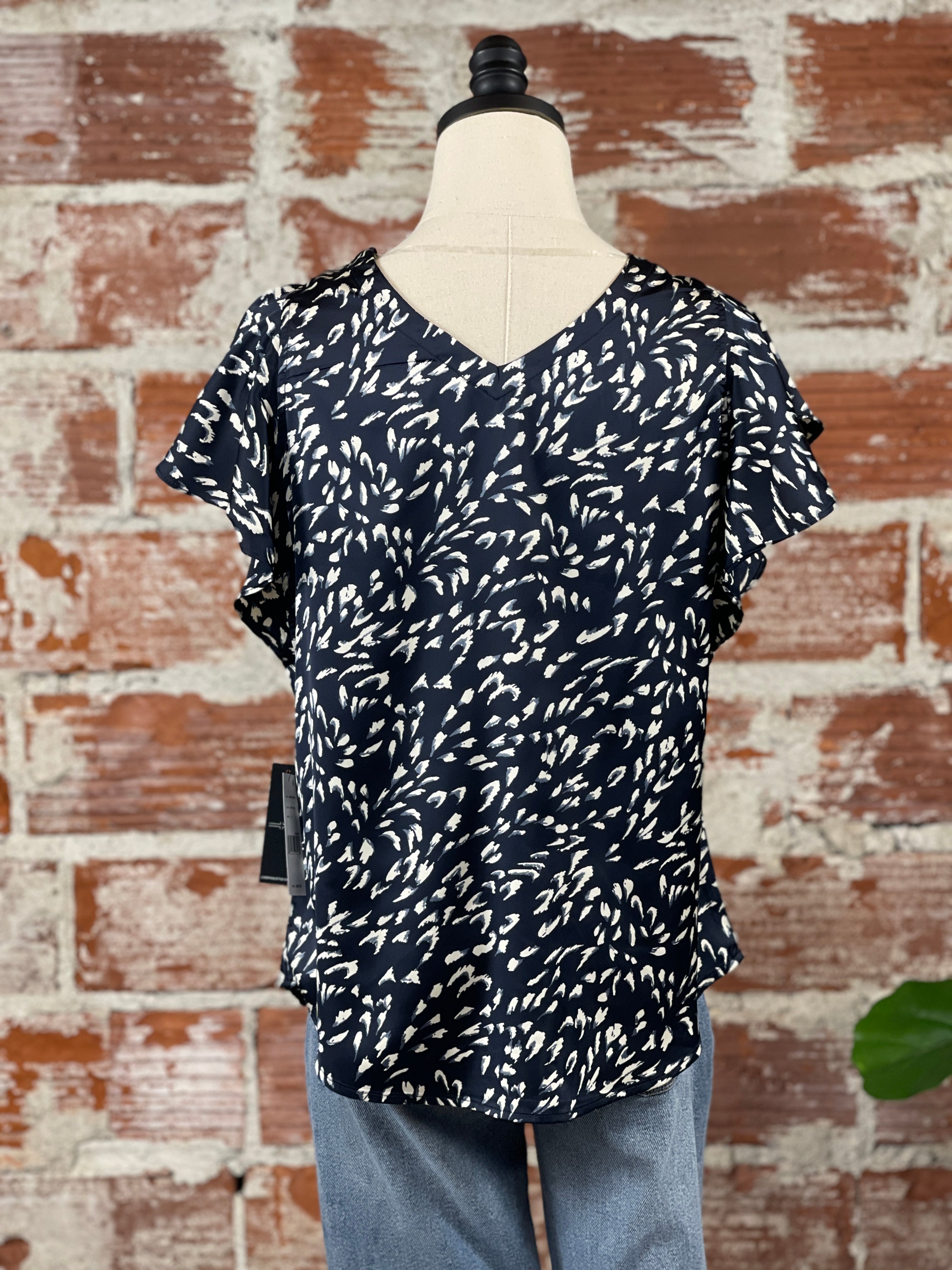 Liverpool Double V-Neck Top in Navy Ditsy-112 - Woven Top S/S (Jan - June)-Little Bird Boutique