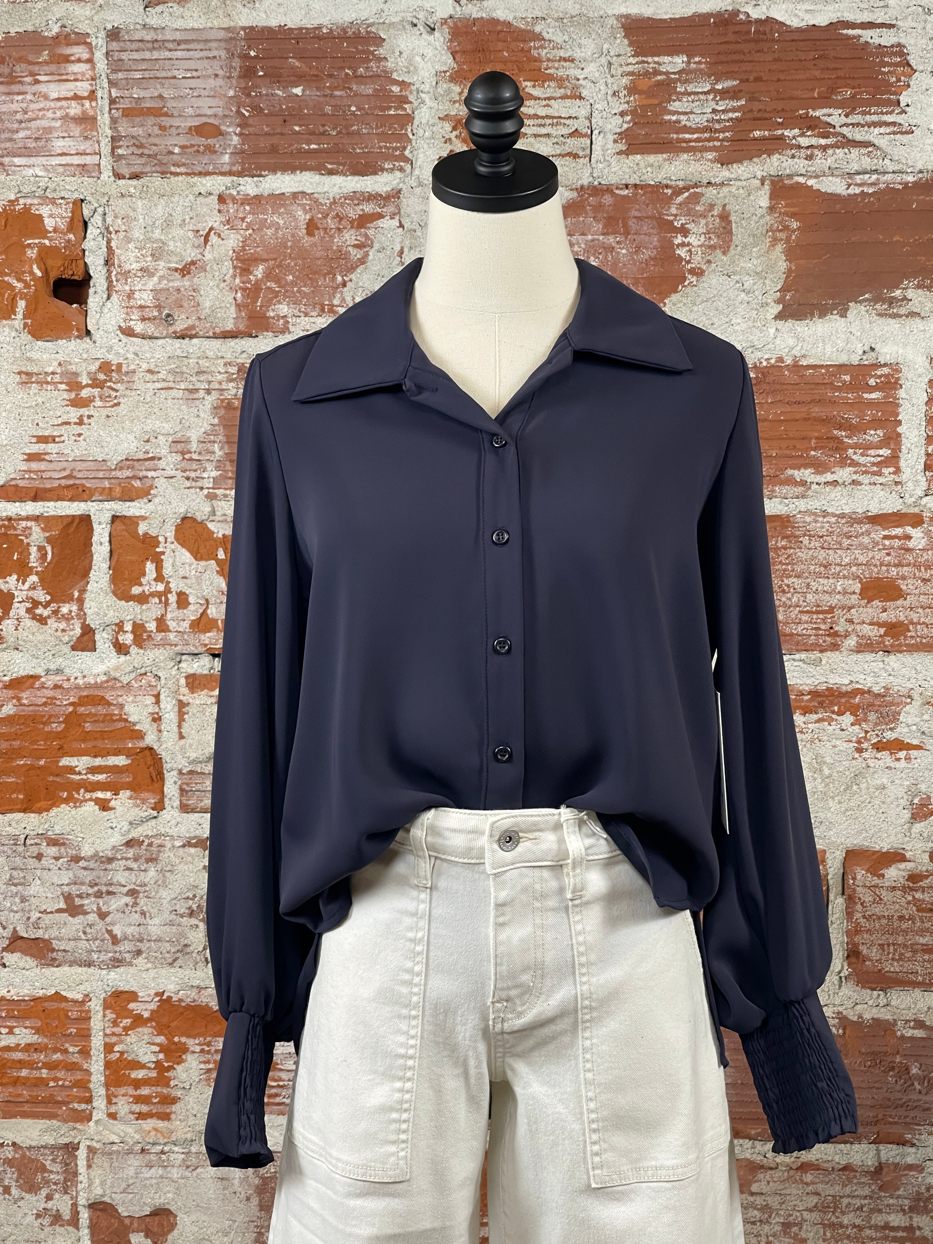 Veronica M Collared Button Blouse in Navy-112 - Woven Top S/S (Dec - May)-Little Bird Boutique