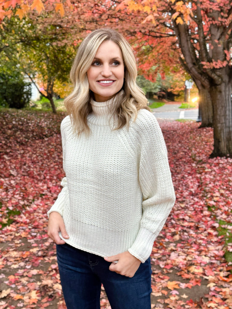 RD Hifza Long Raglan Sleeve Mock Neck Pullover in Winter White