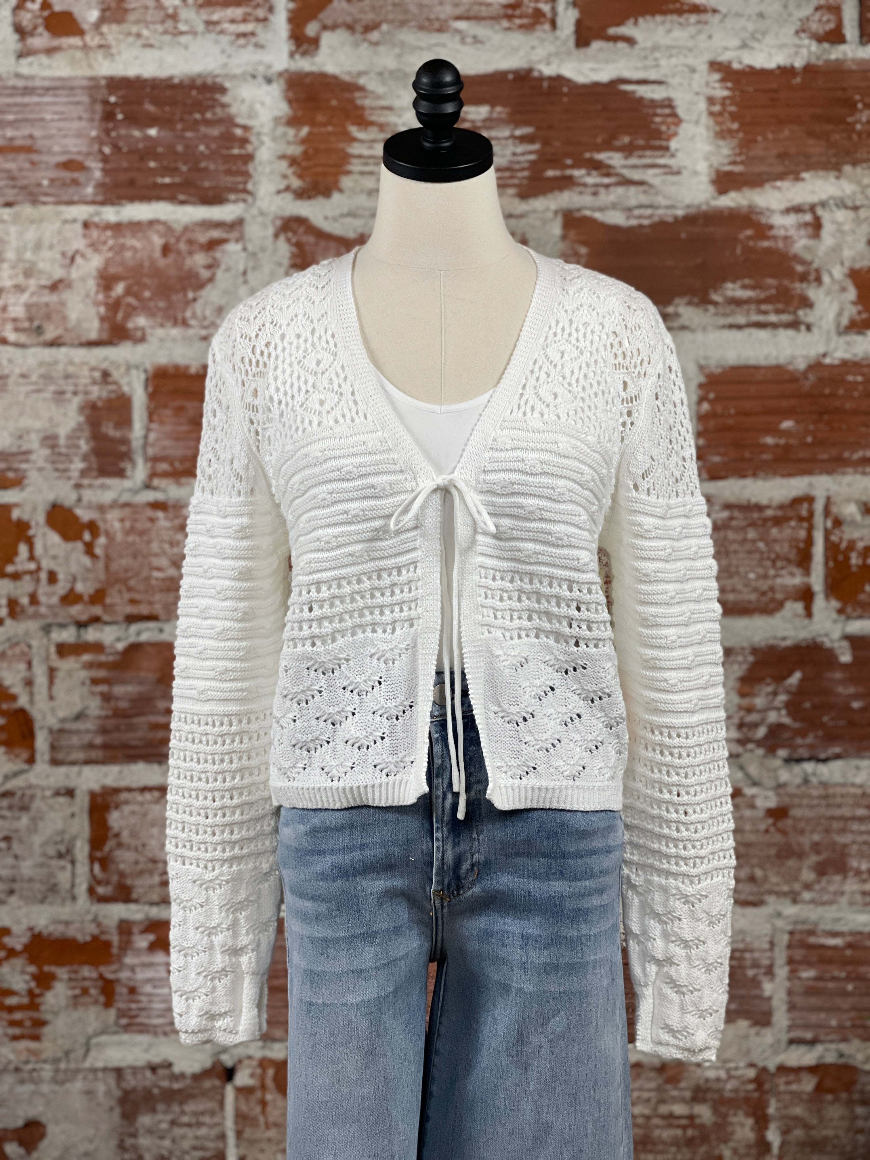 Dex Tie Cardigan in White-132 - Sweaters S/S (Jan - June)-Little Bird Boutique