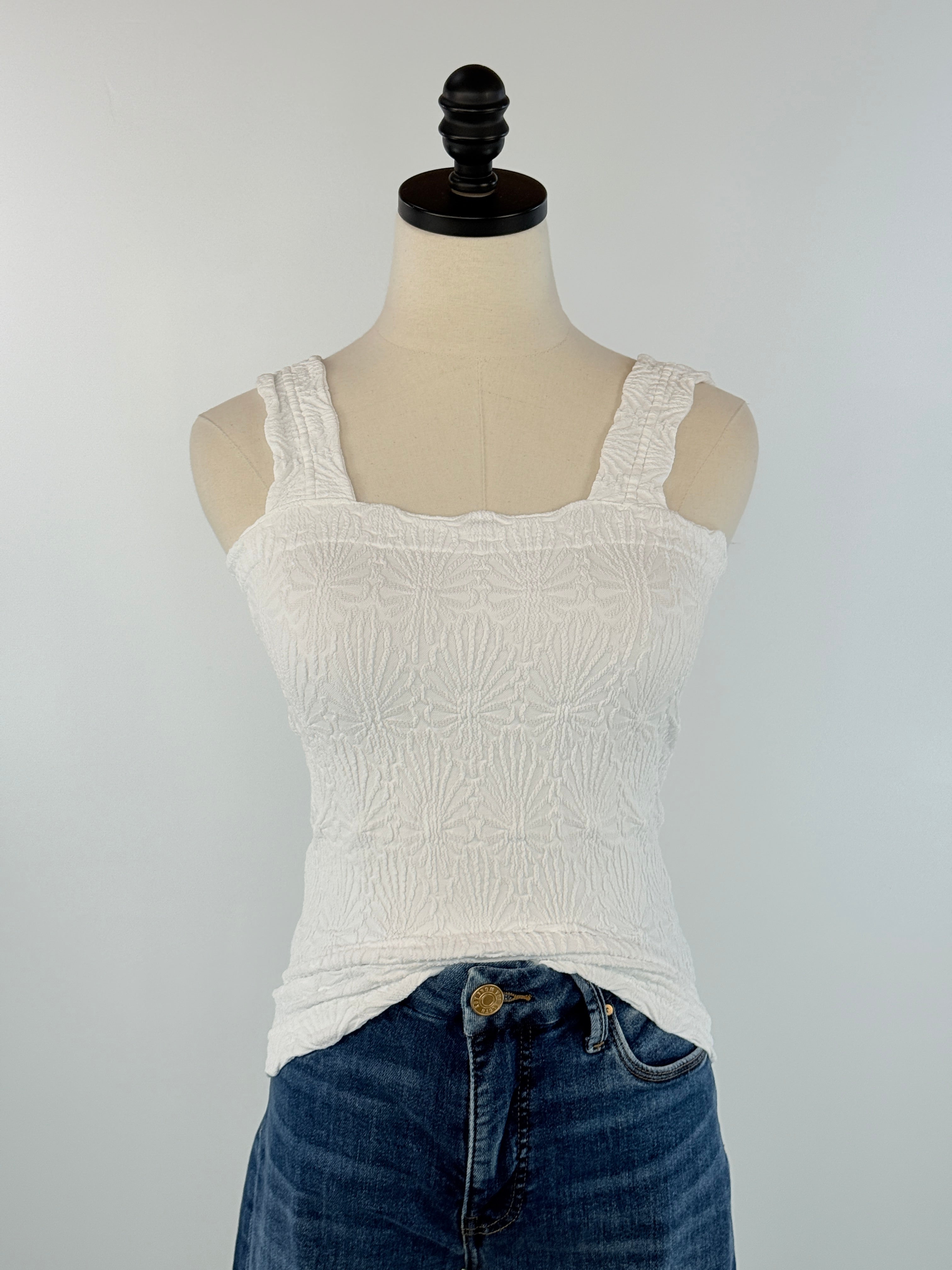 Lace Textured Square Top in White-121 - Jersey Tops F/W (June - Nov)-Little Bird Boutique