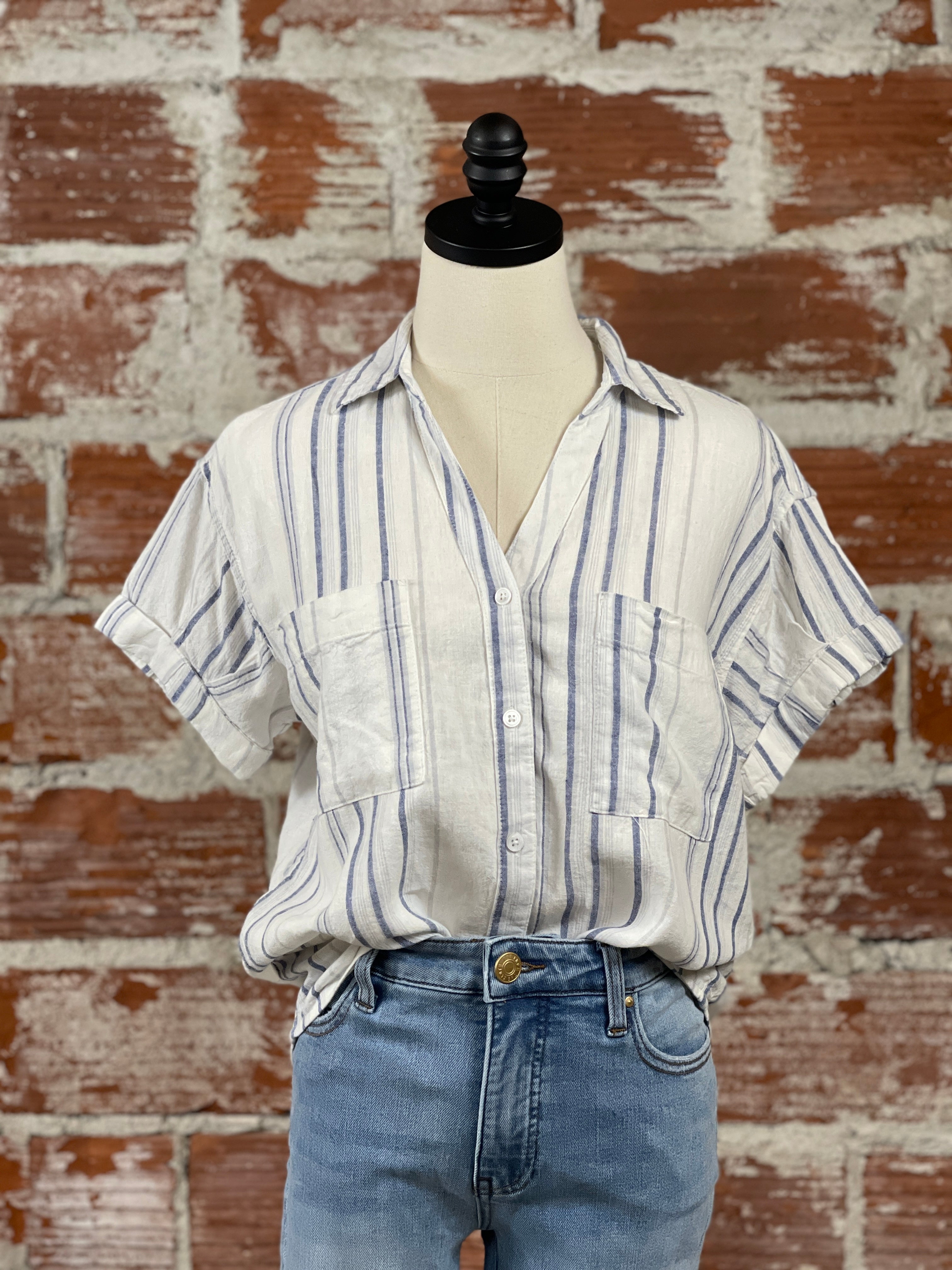 Thread and Supply Sydney Shirt in Coastal Grey Stripe-112 - Woven Top S/S (Jan - June)-Little Bird Boutique