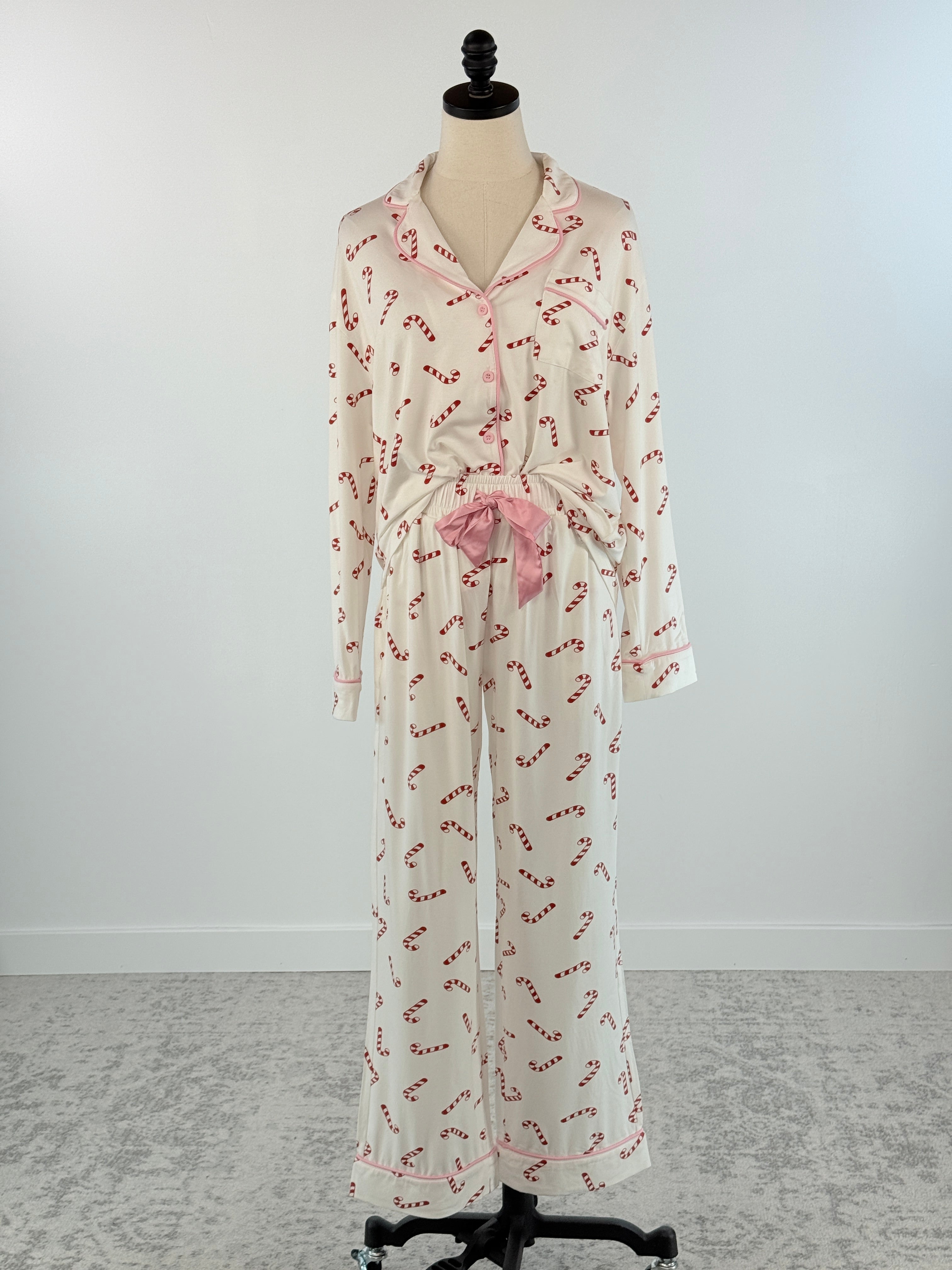 Candy Cane Lane Long Sleeve Button Up Pajama Set-240 Loungewear/Intimates-Little Bird Boutique