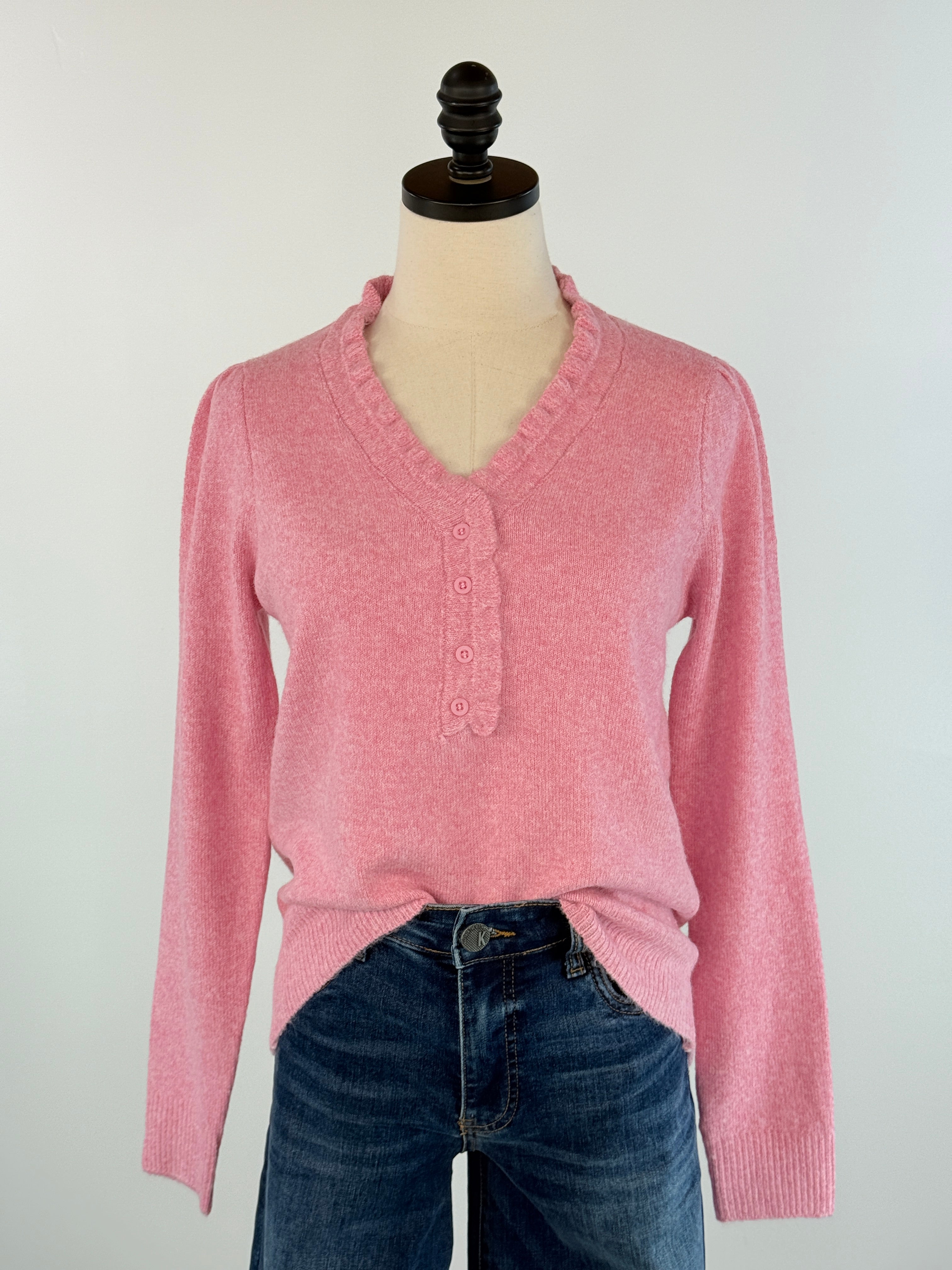 Sweetheart Henley Sweater in Pink-131 - Sweaters F/W (June - Nov)-Little Bird Boutique