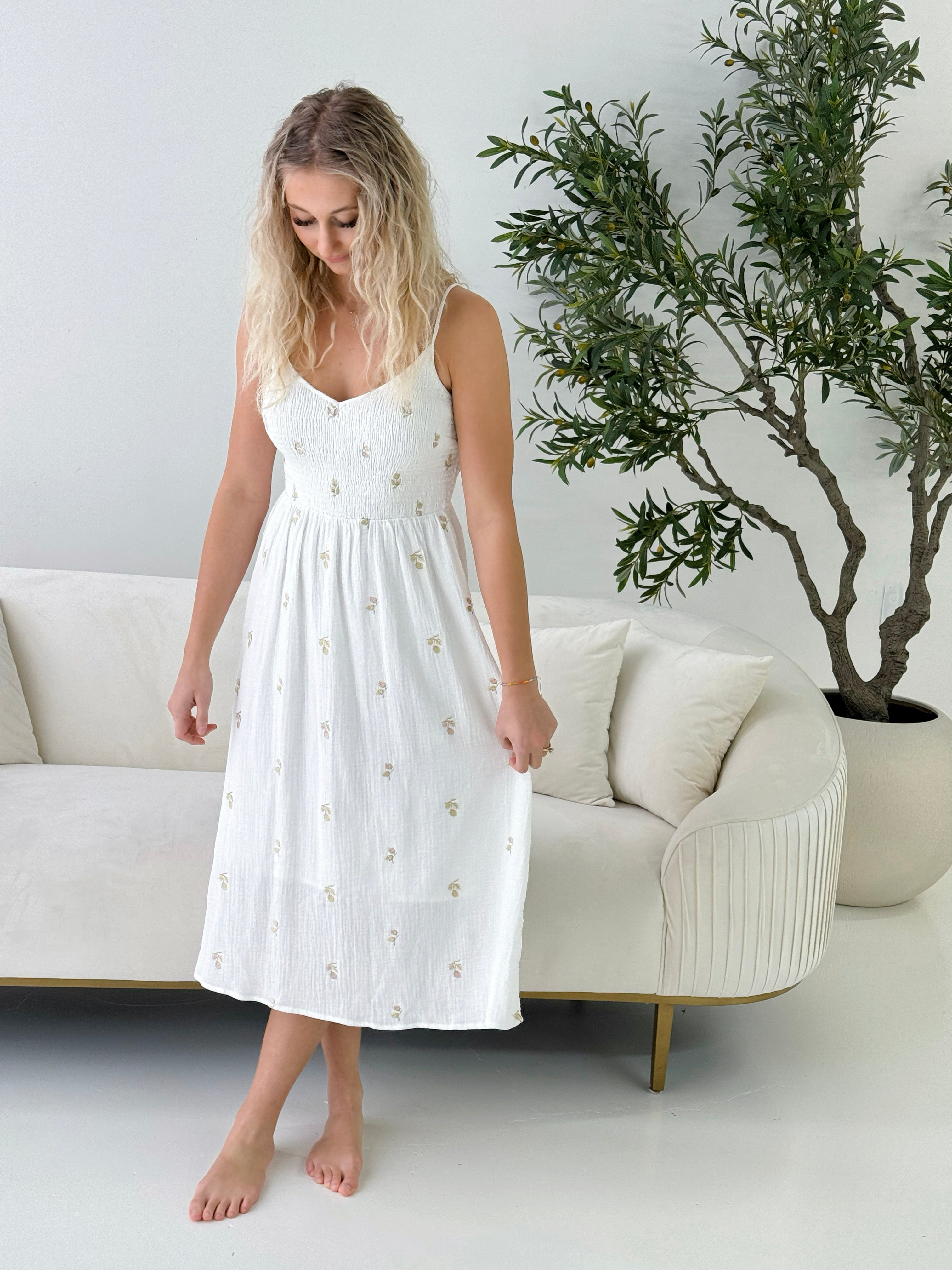 Mary Beth Embroidered Dress in Off White-152 Dresses - Long-Little Bird Boutique
