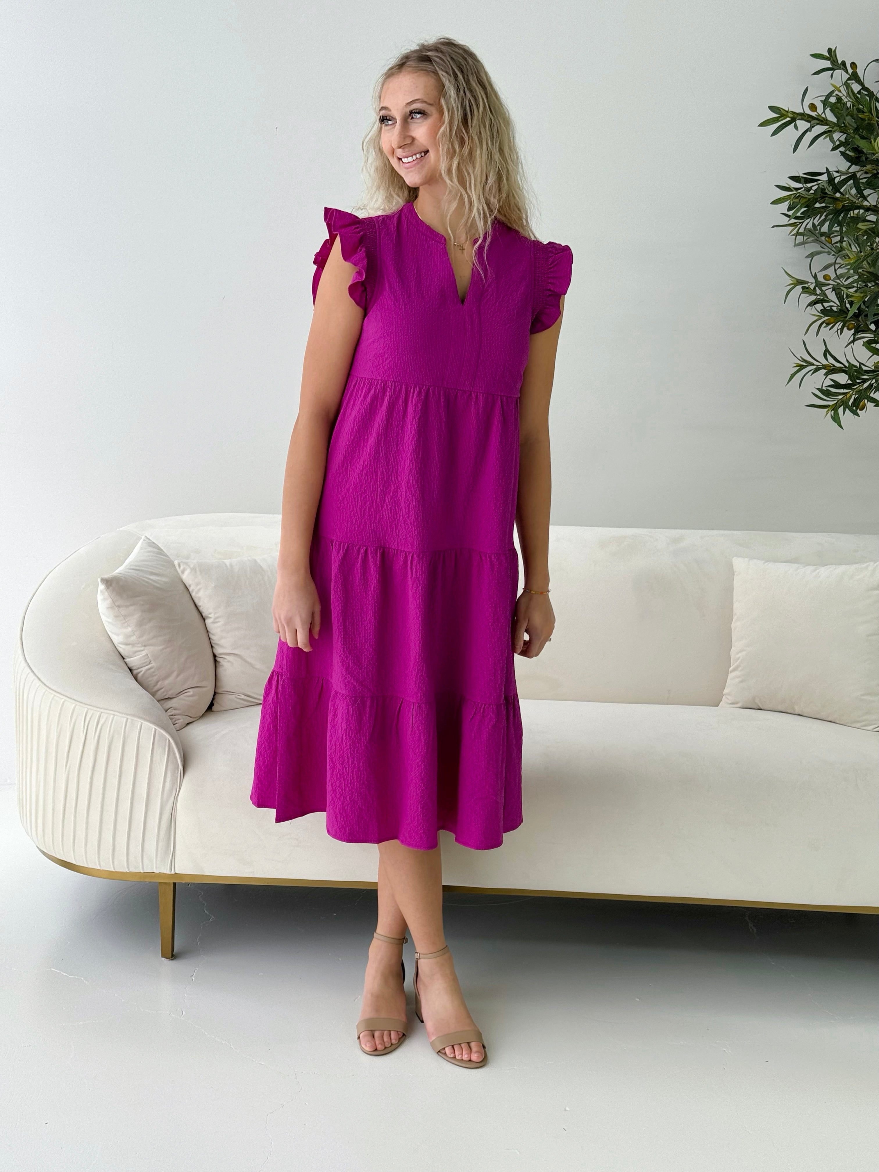 THML Ruffle Sleeve Tiered Dress in Fuchsia-152 Dresses - Long-Little Bird Boutique
