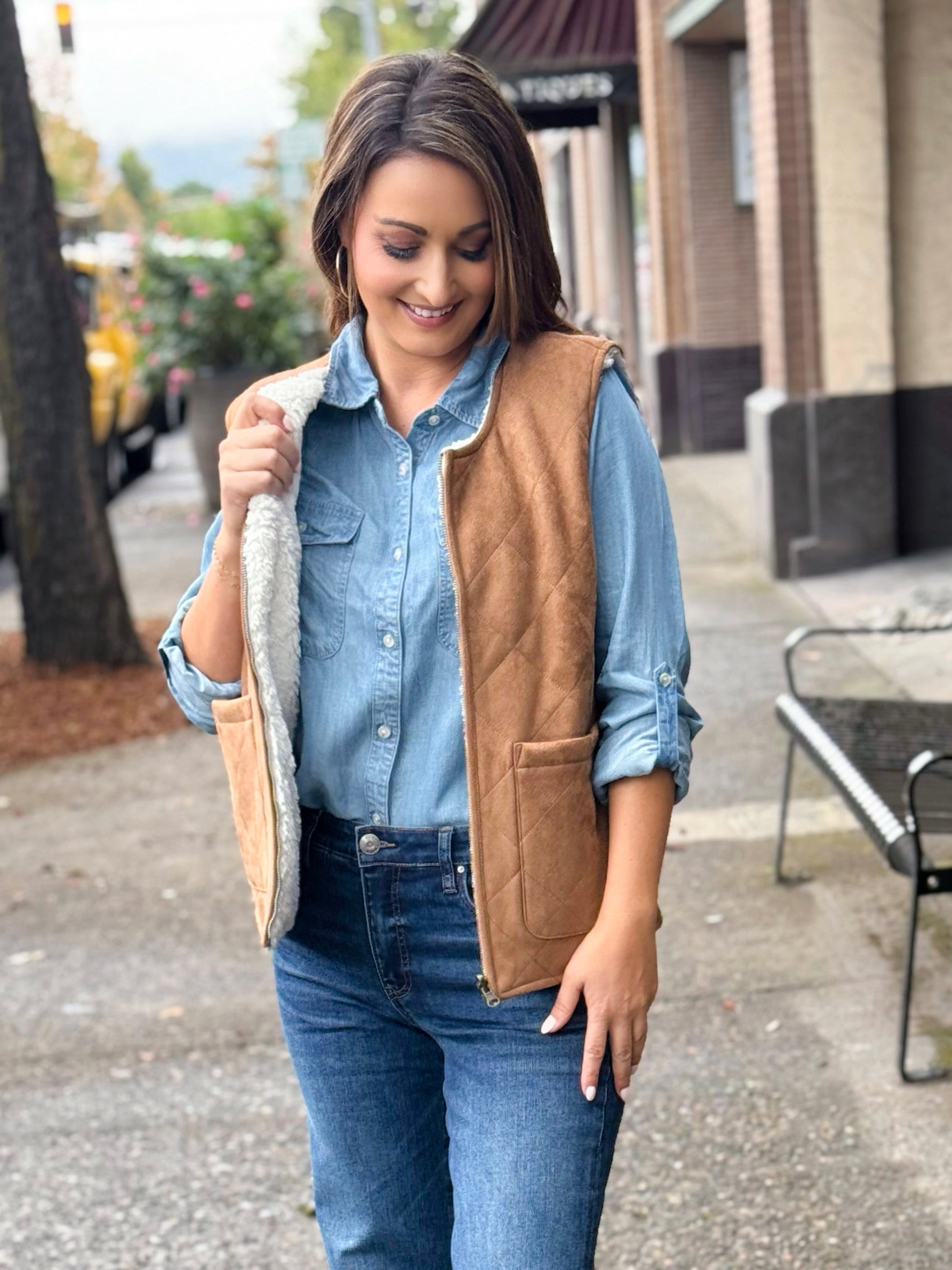 Matty M Reversible Faux Suede Vest in Camel-141 Outerwear Coats & Jackets-Little Bird Boutique