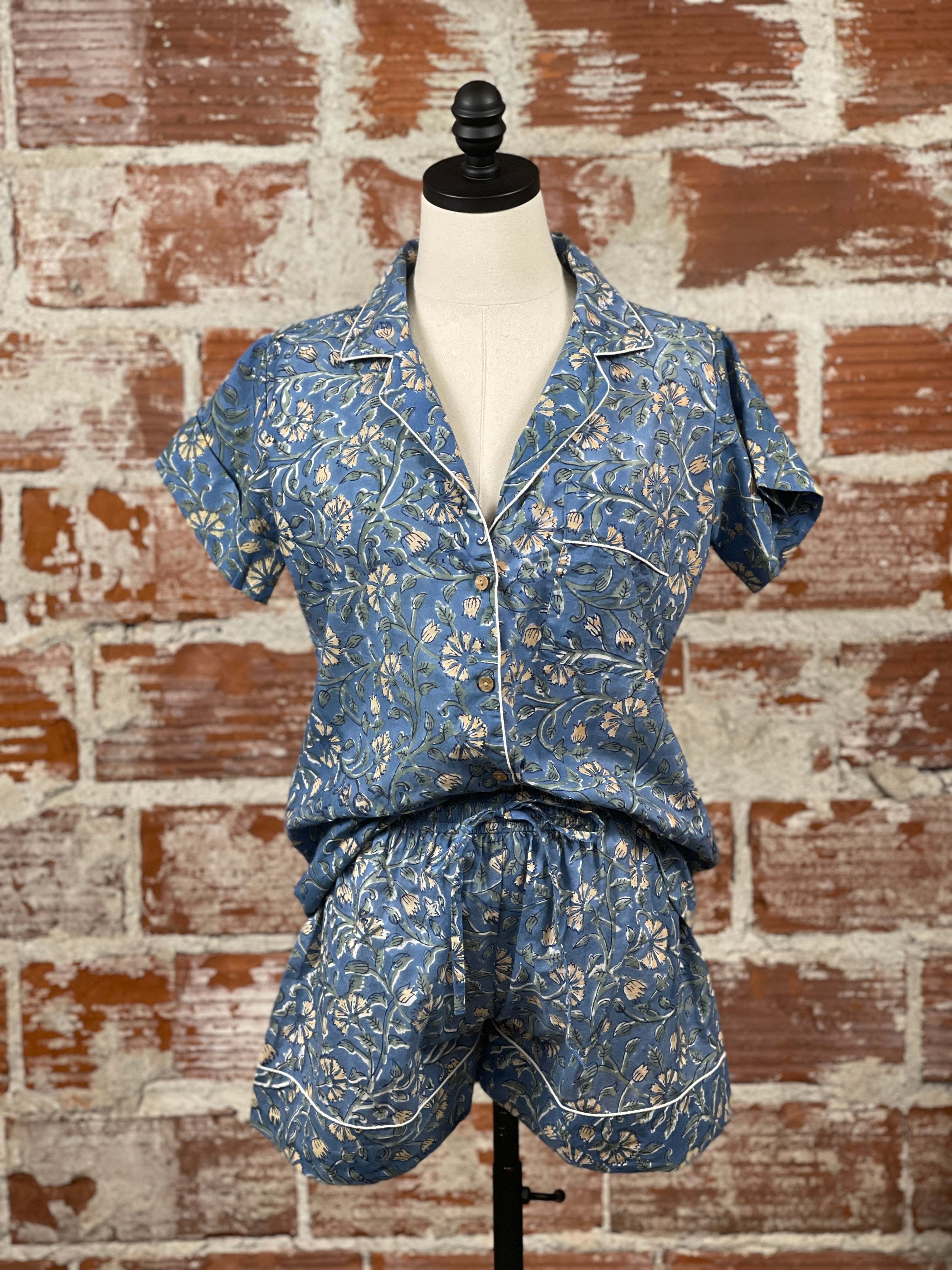 Blue Floral Short Sleeve Pajama Set with Shorts-240 Loungewear/Intimates-Little Bird Boutique