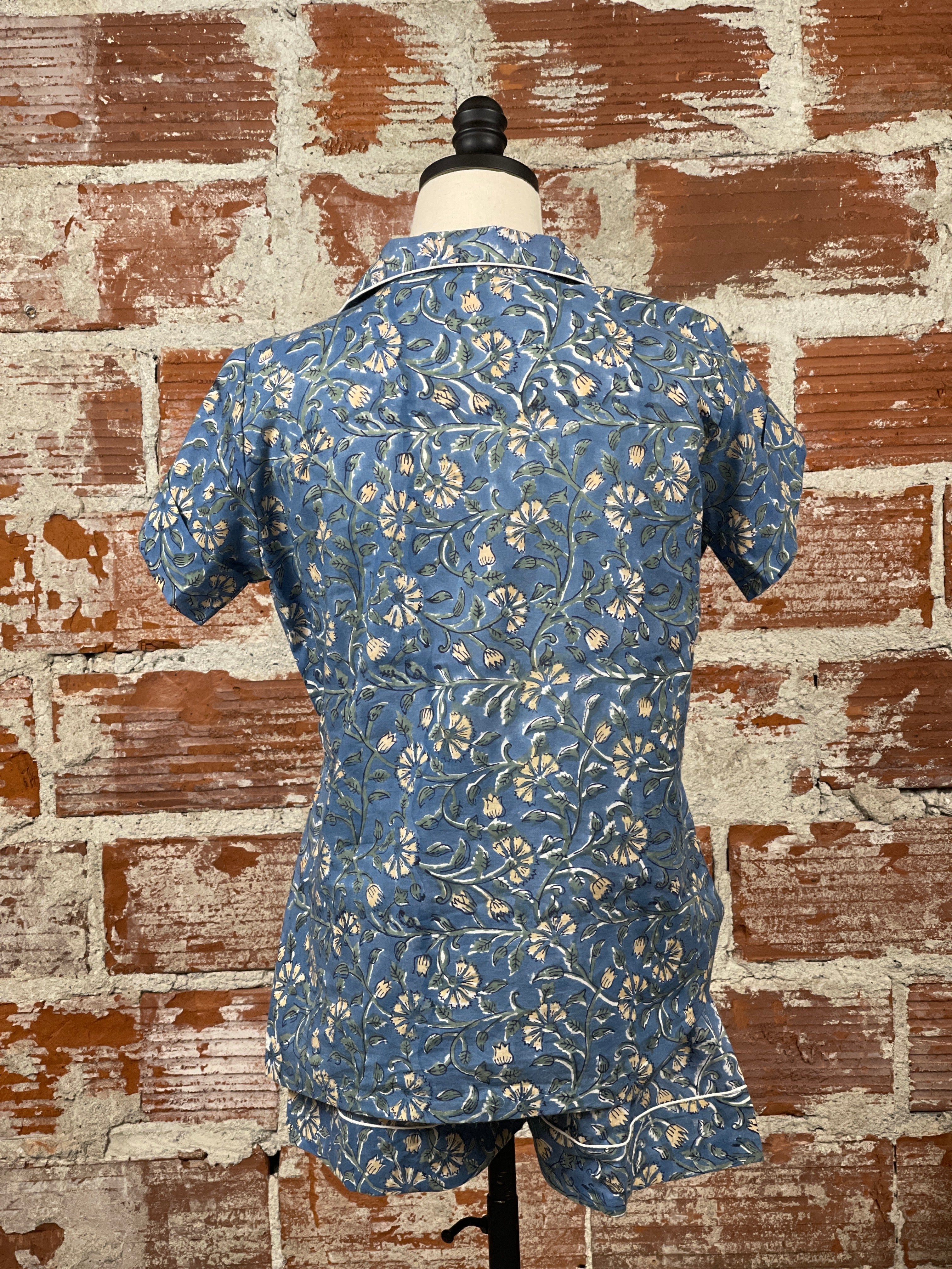 Blue Floral Short Sleeve Pajama Set with Shorts-240 Loungewear/Intimates-Little Bird Boutique