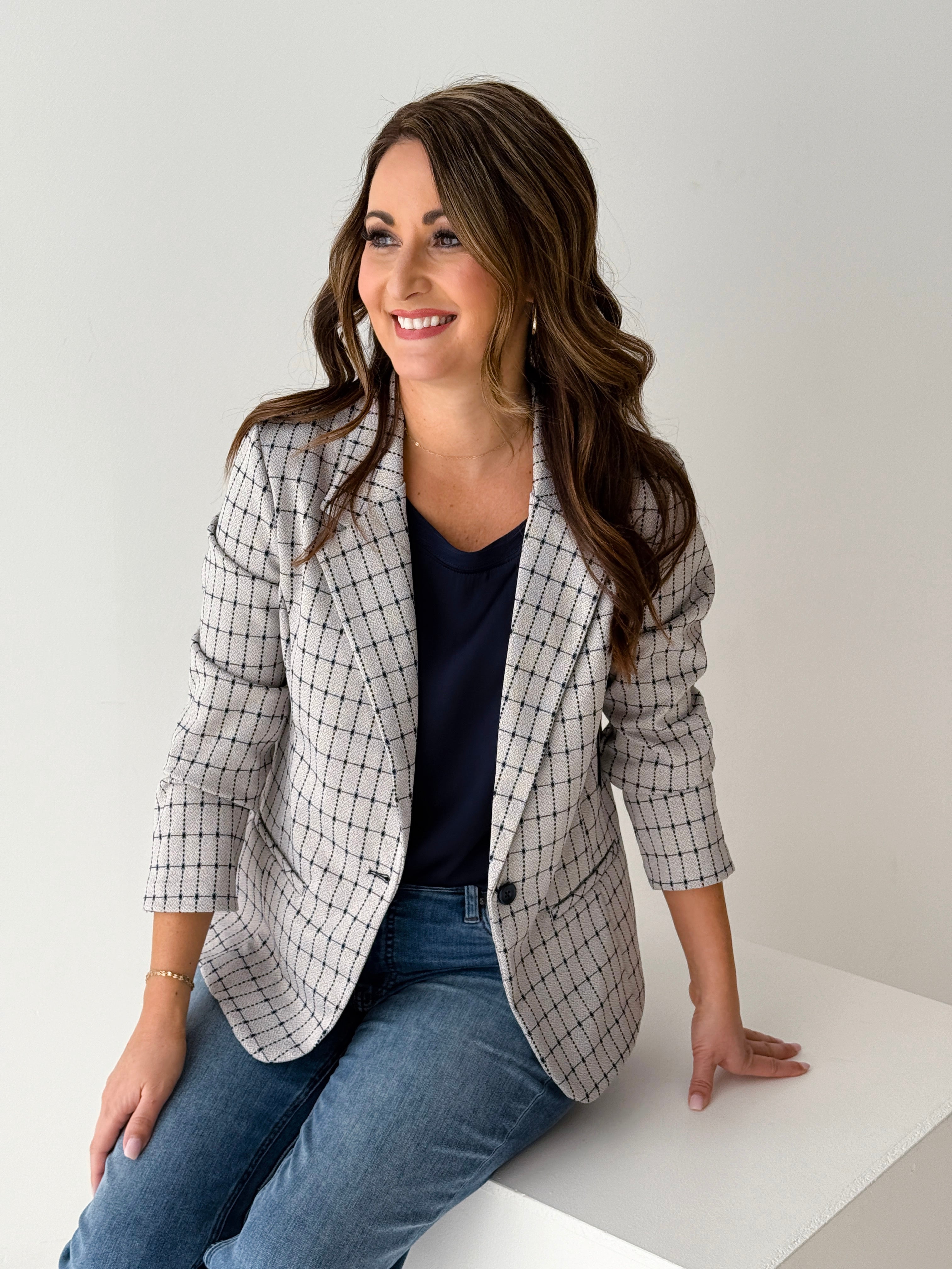 Liverpool Fitted Blazer in Taupe and Navy Grid-143 Blazers-Little Bird Boutique