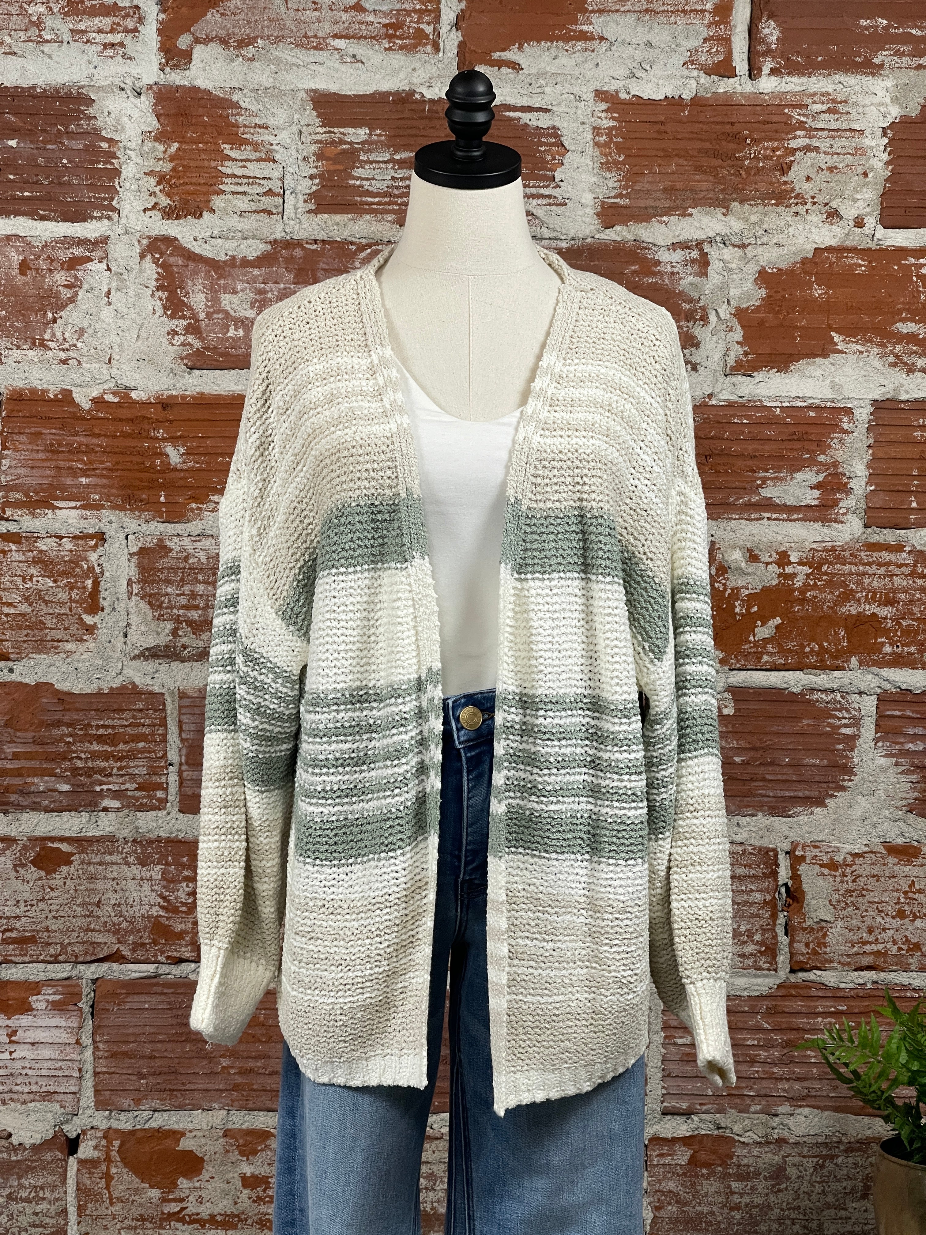 Elan Open Front Cardi in Natural and Sage-132 - Sweaters S/S (Jan - June)-Little Bird Boutique