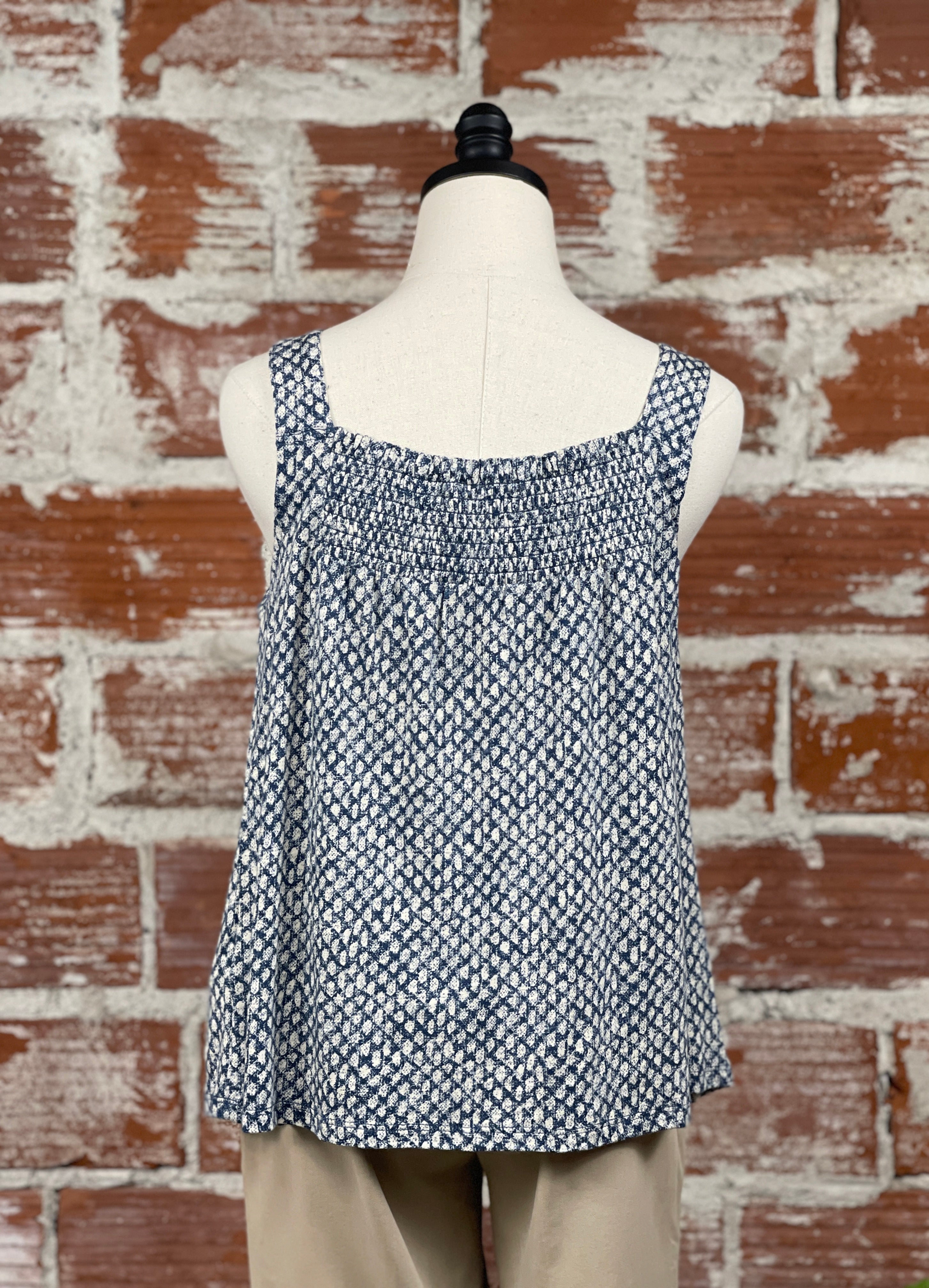 Liverpool Easy Fit Tank in Navy Text Dots-112 - Woven Top S/S (Jan - June)-Little Bird Boutique