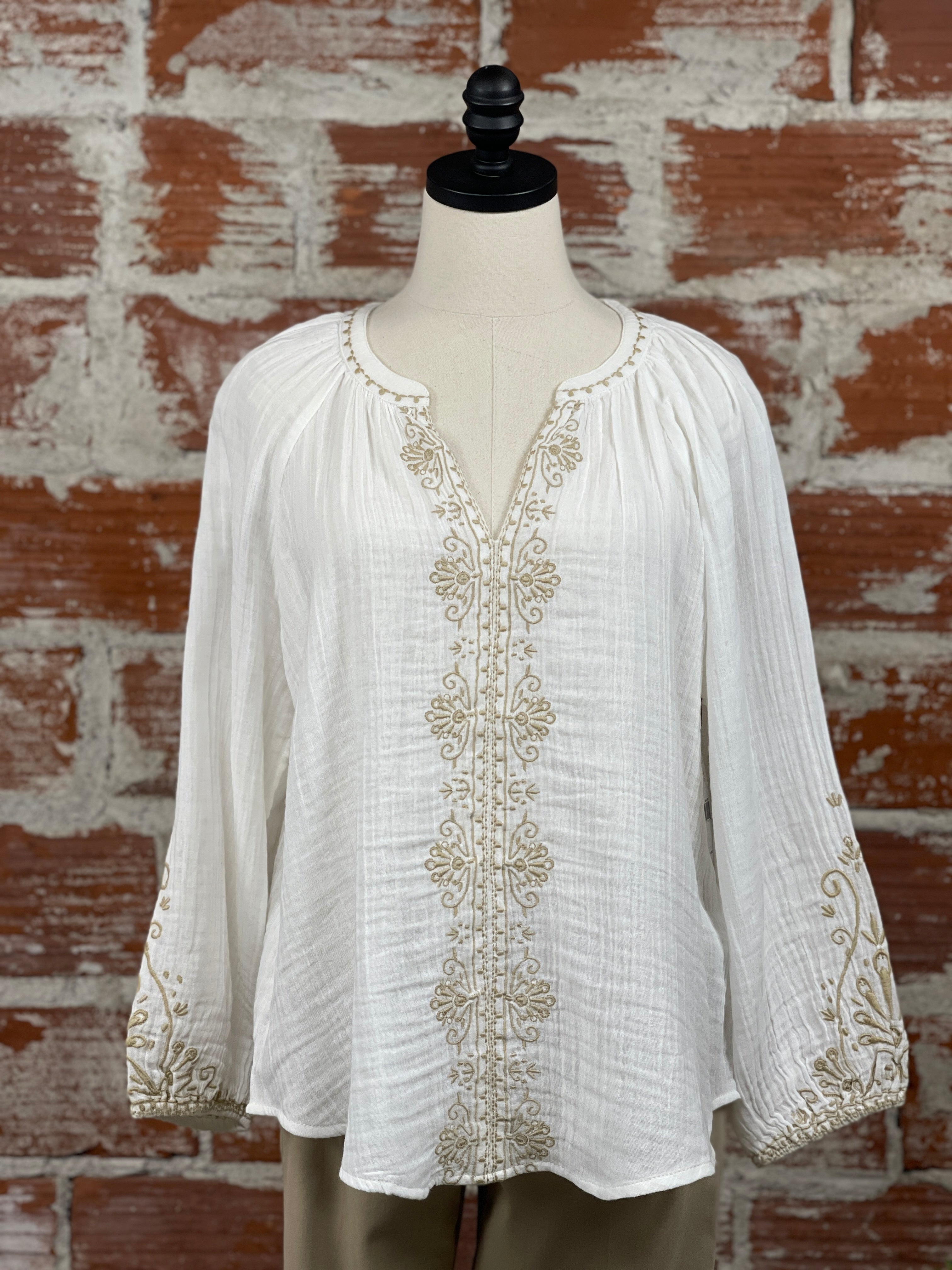Liverpool Embroidered Top in Off White and Tan-112 - Woven Top S/S (Jan - June)-Little Bird Boutique