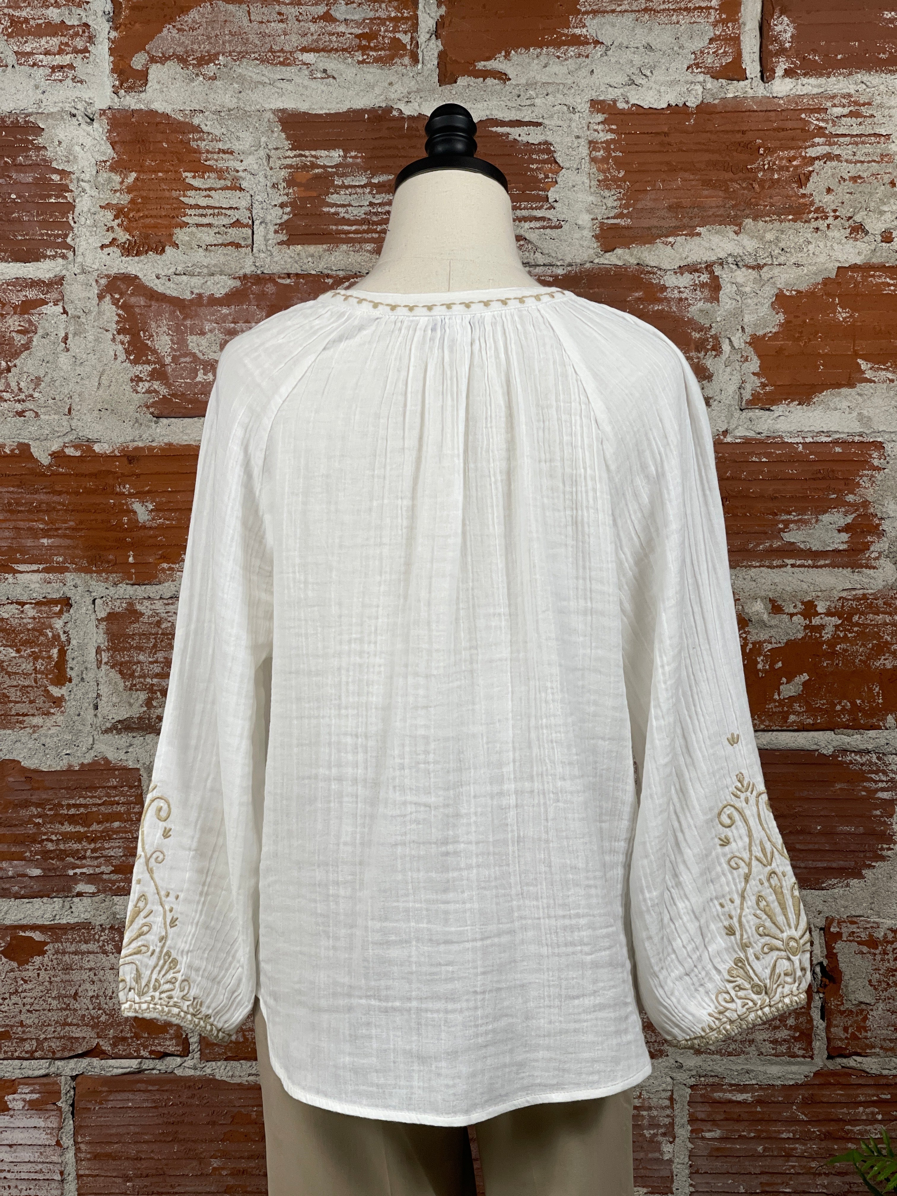 Liverpool Embroidered Top in Off White and Tan-112 - Woven Top S/S (Jan - June)-Little Bird Boutique