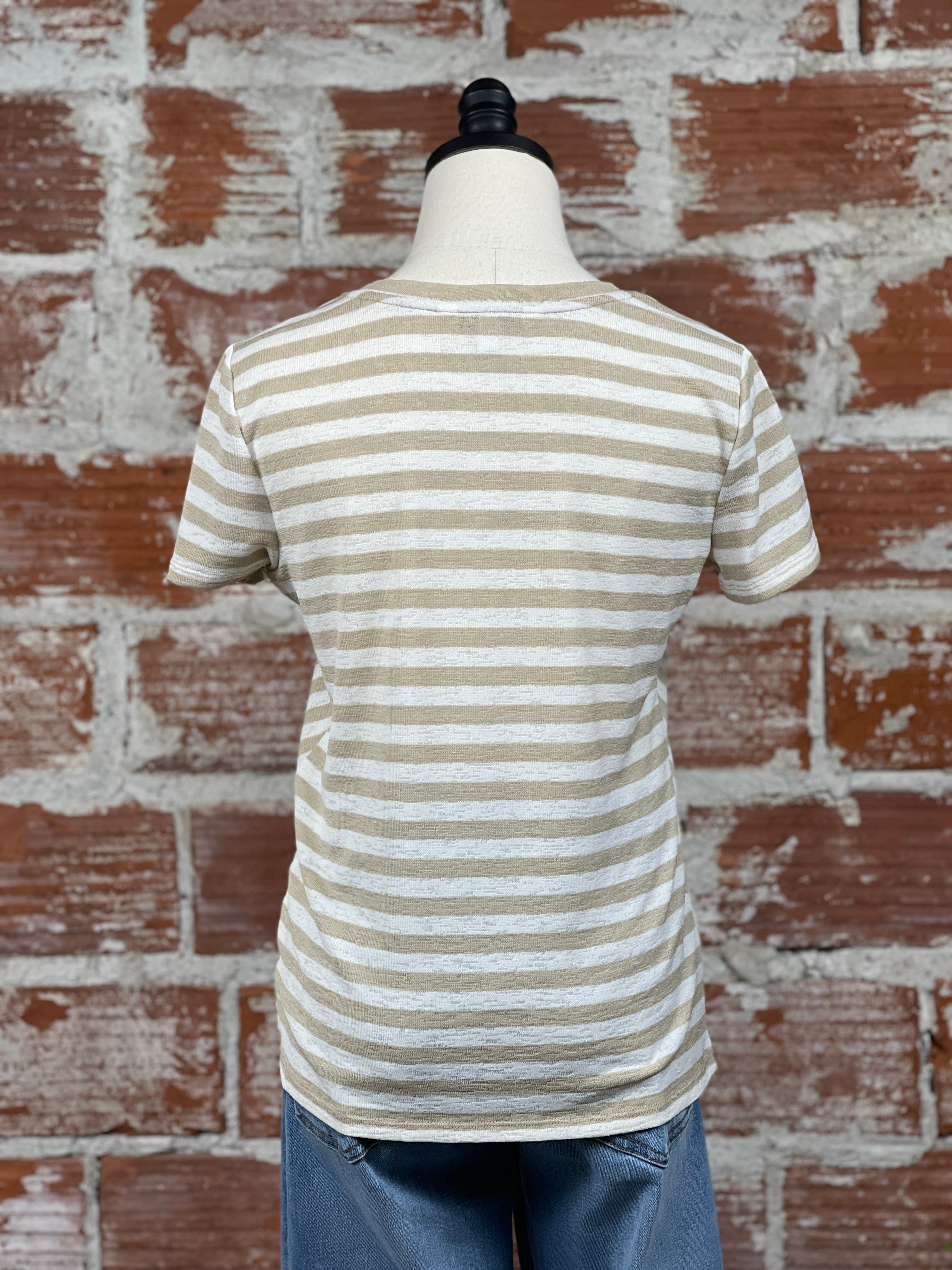 Liverpool Short Sleeve Knit Top in Cream and Tan Stripe-122 - Jersey Tops S/S (Jan - June)-Little Bird Boutique