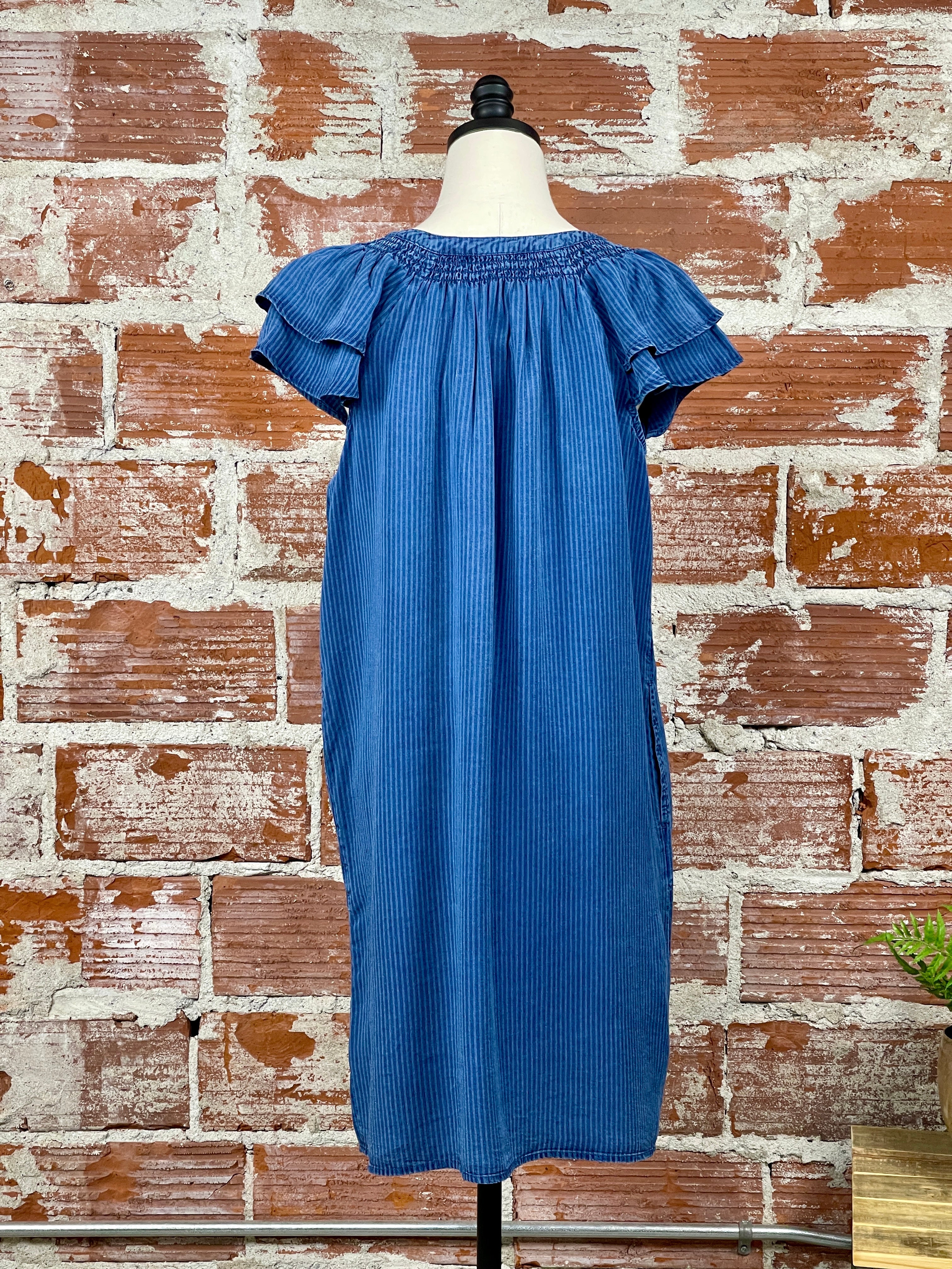 Liverpool Pinstripe Dress in Indigo-151 Dresses - Short-Little Bird Boutique