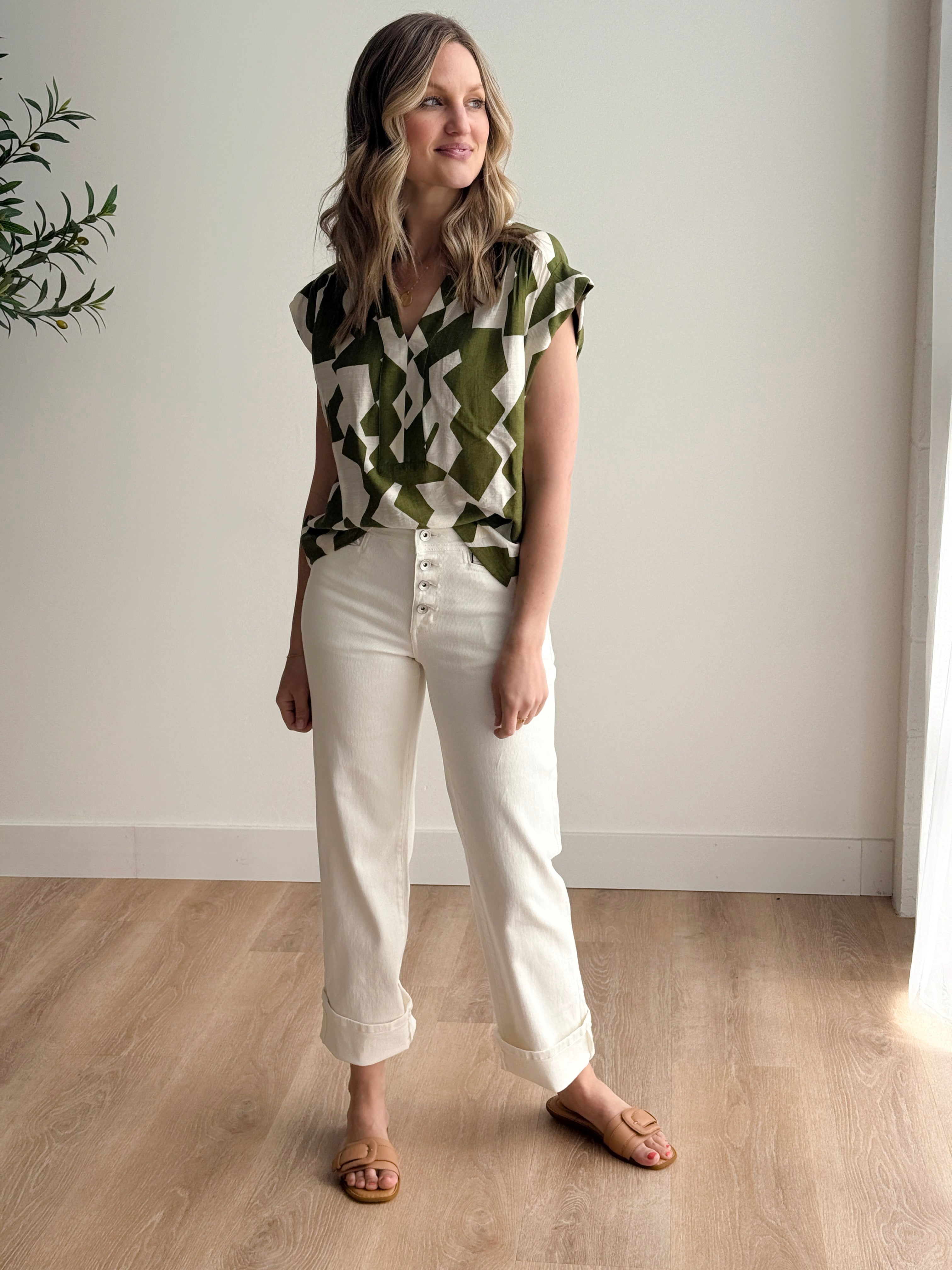 THML Geo Top in Olive and Ivory-112 - Woven Top S/S (Dec - May)-Little Bird Boutique