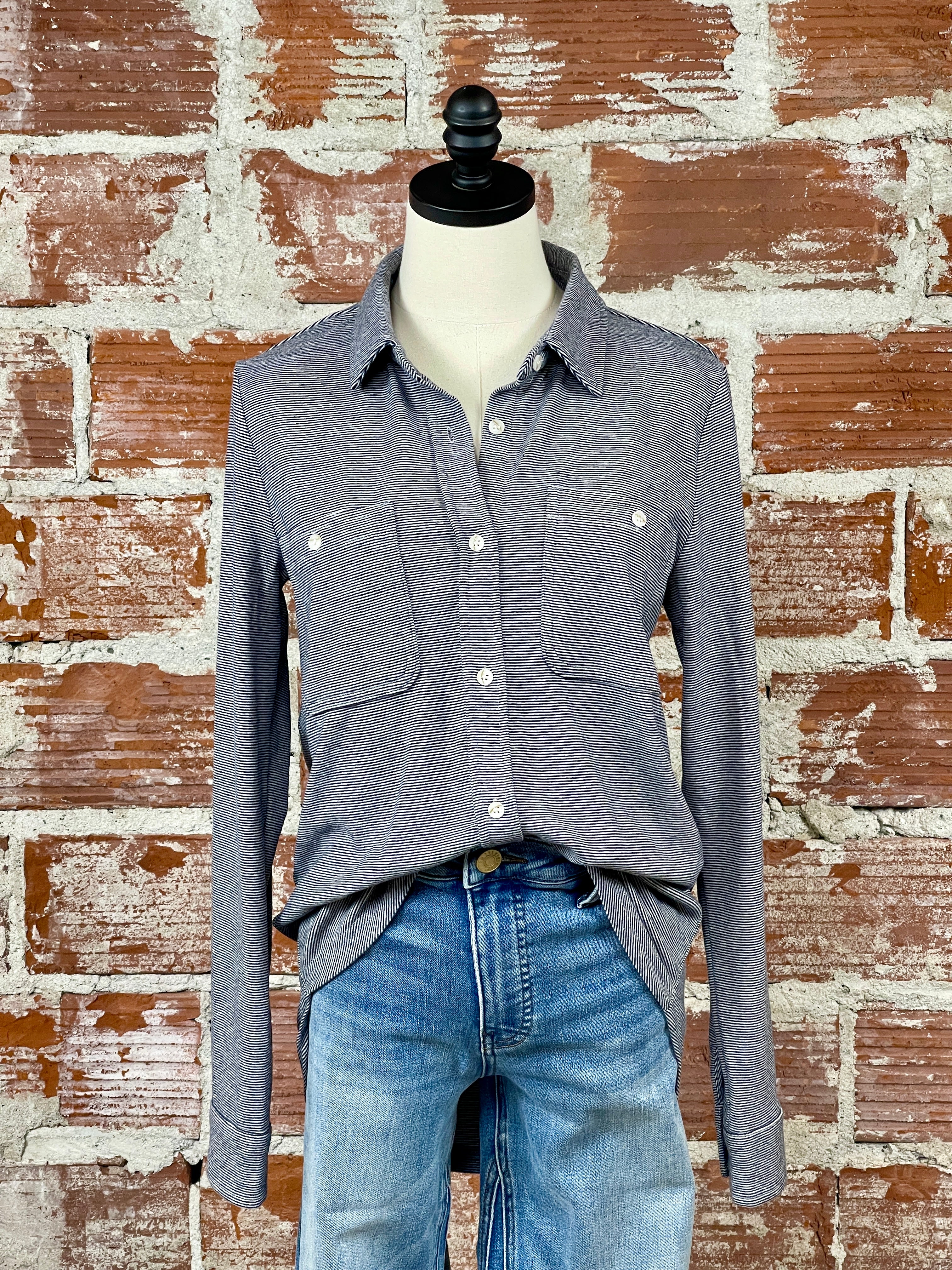 Thread and Supply Lewis Shirt in Dark Navy Stripe-111 - Woven Top F/W (June- Nov)-Little Bird Boutique