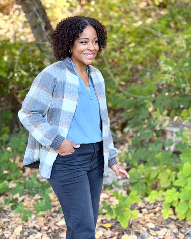 Flag and Anthem Anniston Reversible Quilted Bomber Jacket in Grey and Brown