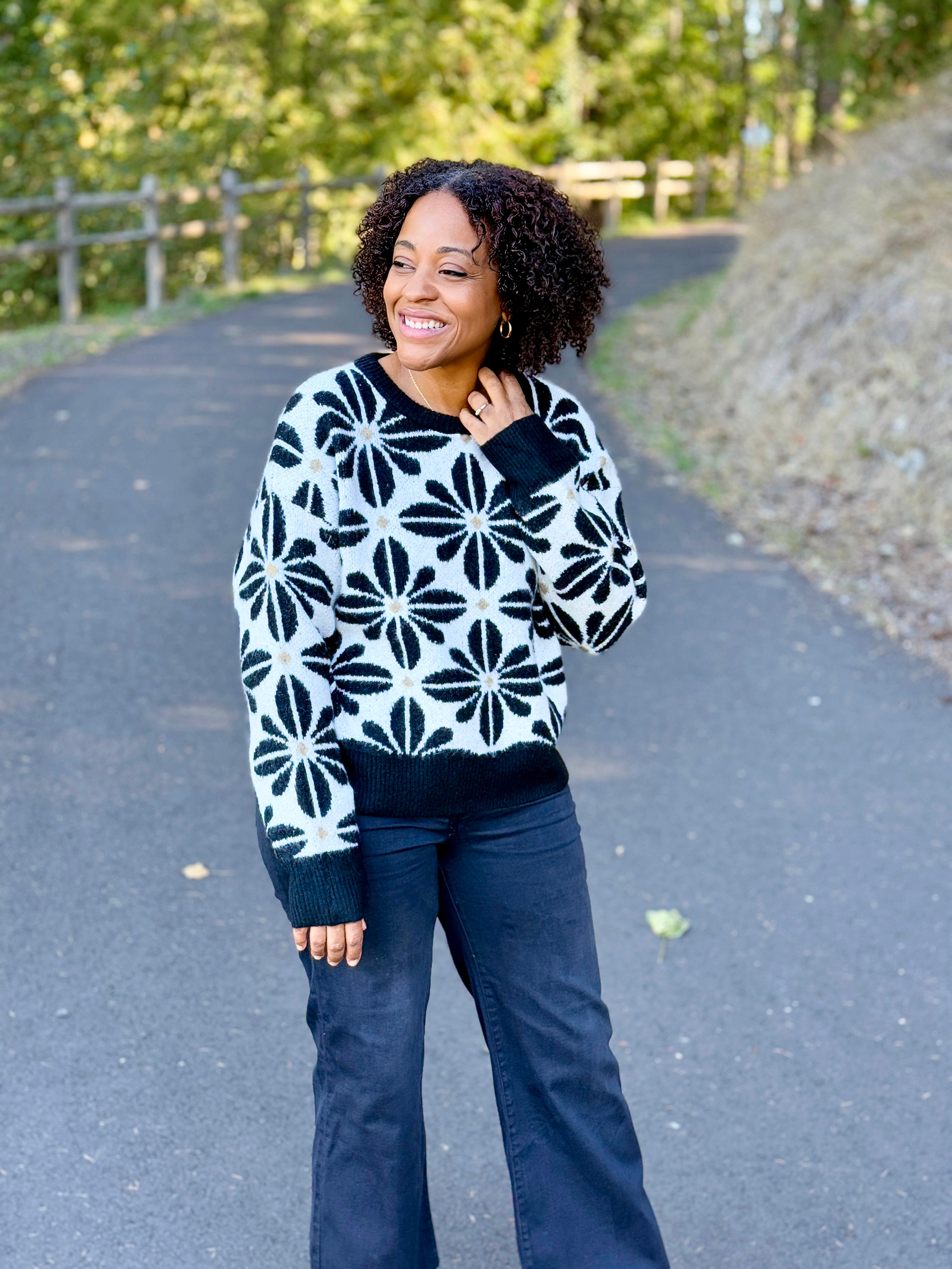 Liv Flower Sweater in Black and Ivory-131 - Sweaters F/W (June - Nov)-Little Bird Boutique