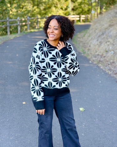 Liv Flower Sweater in Black and Ivory-131 - Sweaters F/W (June - Nov)-Little Bird Boutique