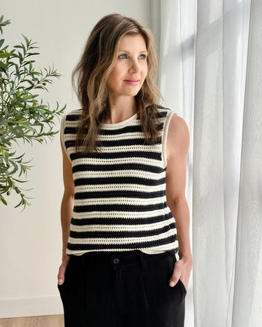 Sanctuary Crochet Shell in Chalk and Black Stripe-132 - Sweaters S/S (Dec - May)-Little Bird Boutique