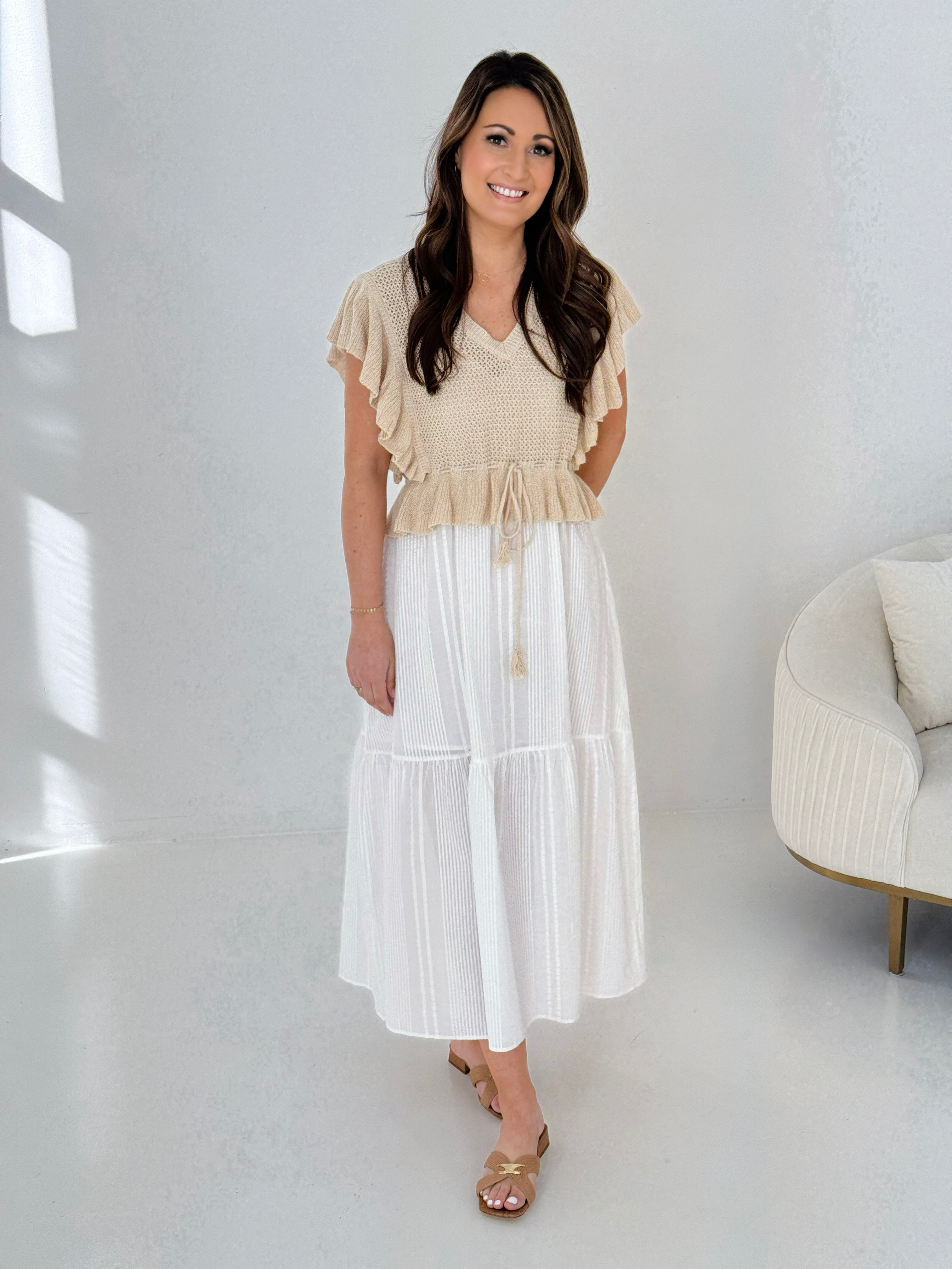Elan Summer Maxi Dress With Knit Top Set in White and Beige-152 Dresses - Long-Little Bird Boutique