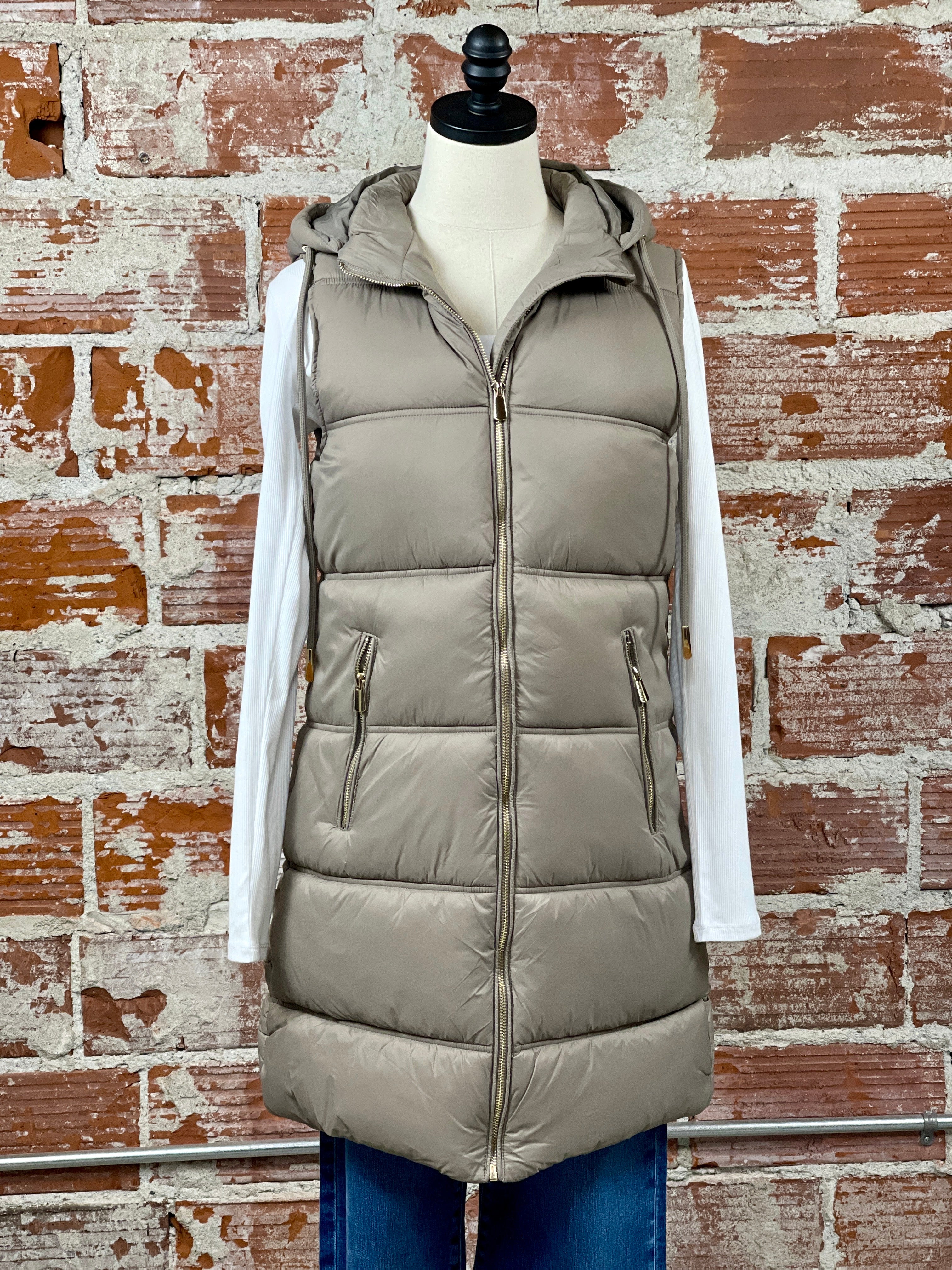 Dex Long Line Puffer Vest in Taupe-141 Outerwear Coats & Jackets-Little Bird Boutique