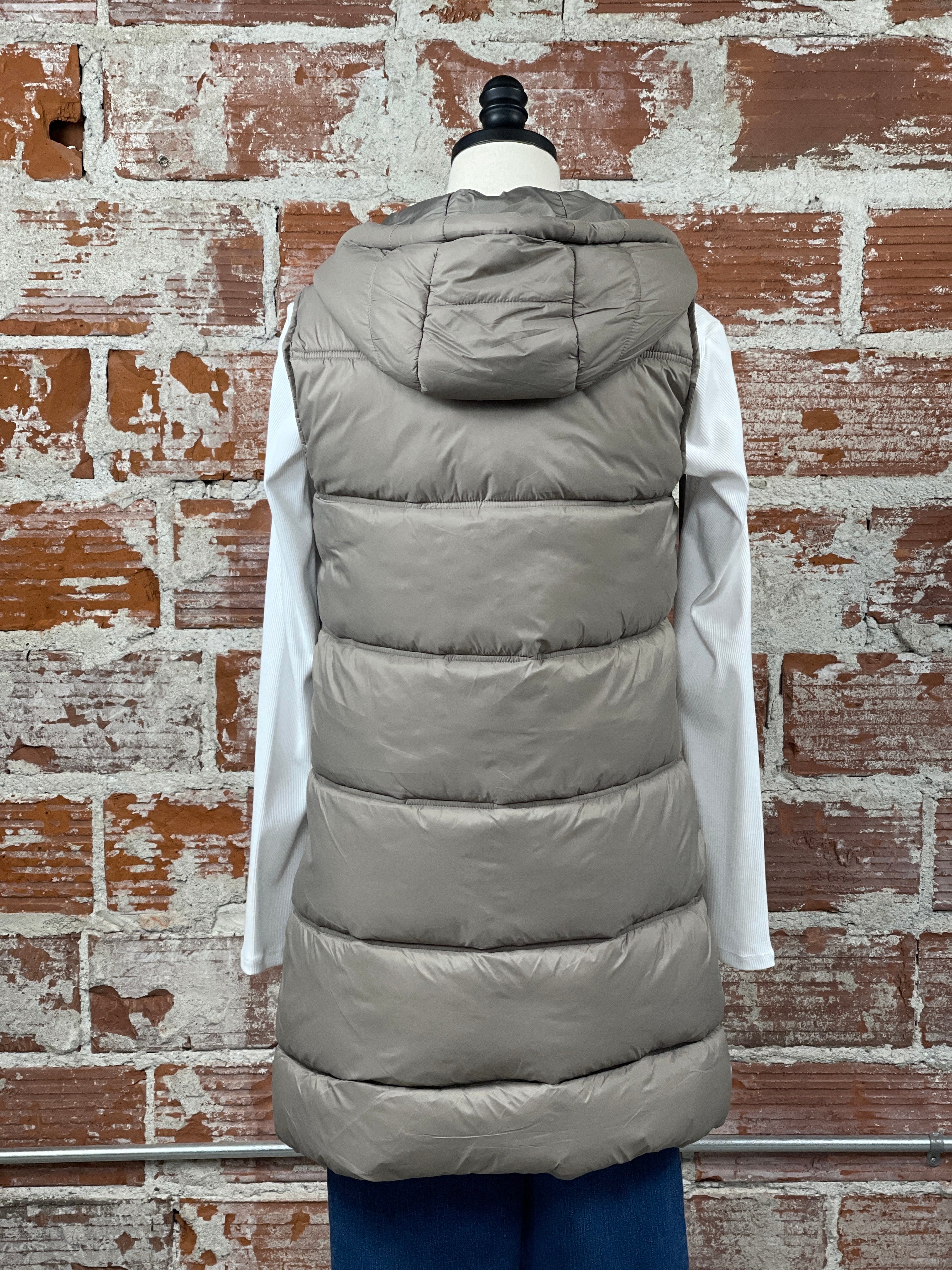 Dex Long Line Puffer Vest in Taupe-141 Outerwear Coats & Jackets-Little Bird Boutique