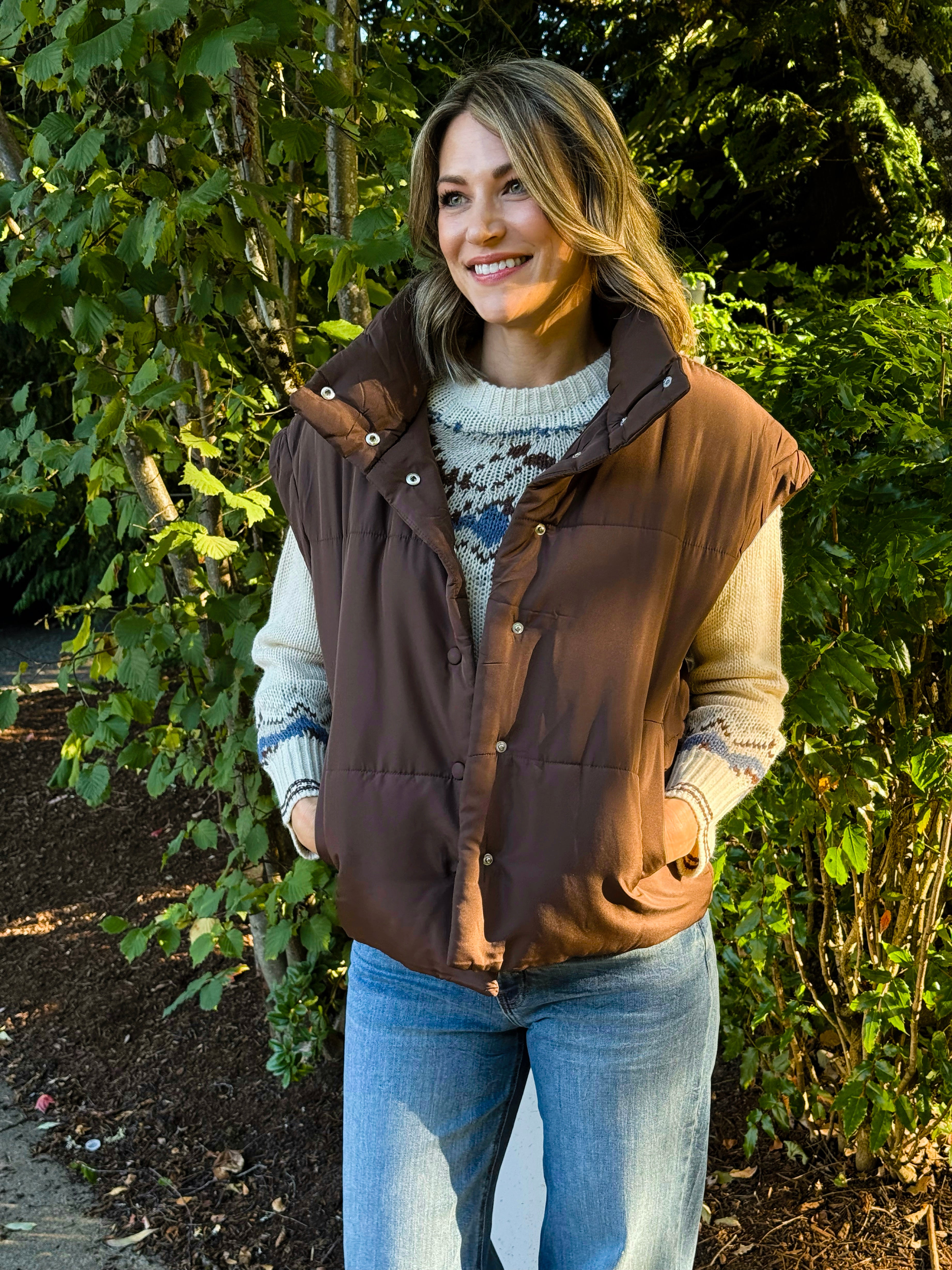 Mocha Puffer Vest in Dark Brown-141 Outerwear Coats & Jackets-Little Bird Boutique