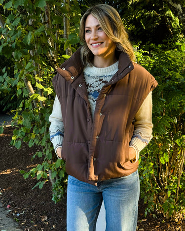 Mocha Puffer Vest in Dark Brown-141 Outerwear Coats & Jackets-Little Bird Boutique