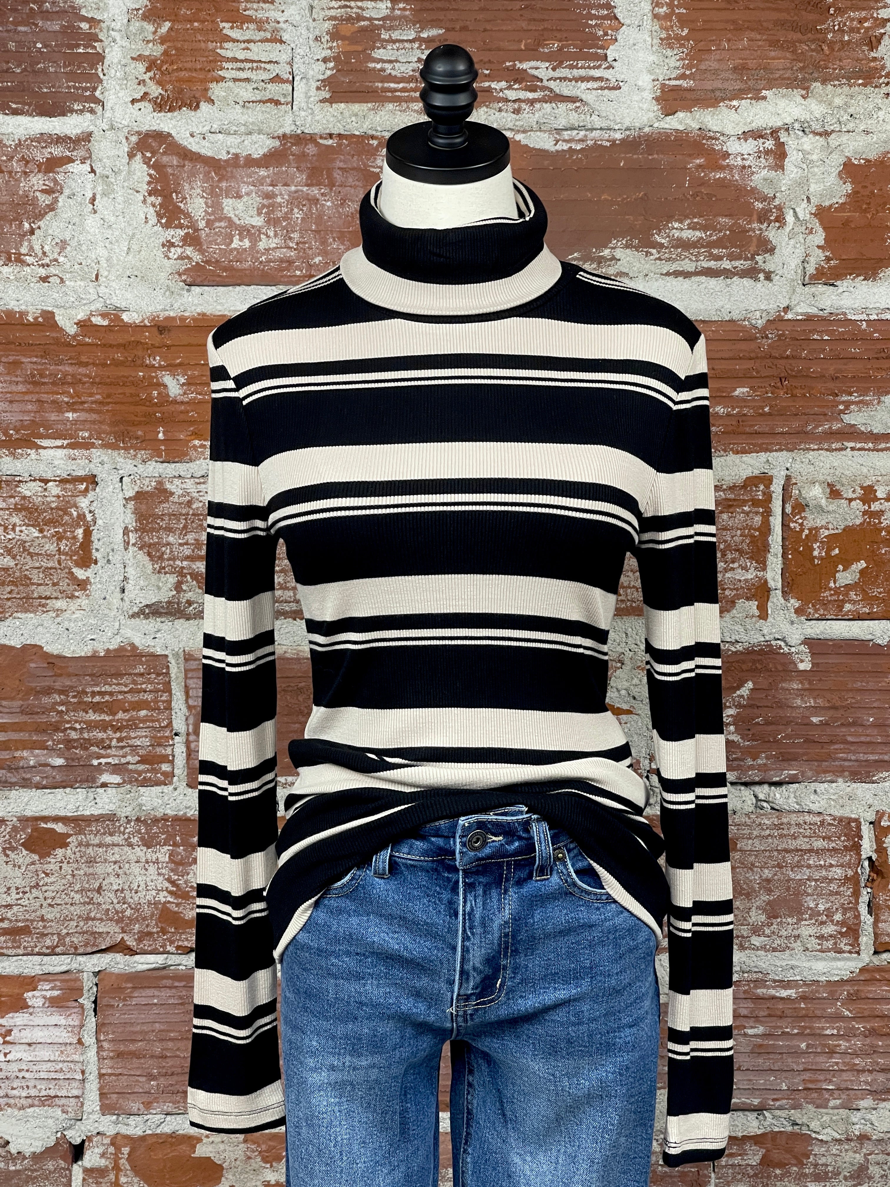 Sanctuary Essential Turtleneck in Almond and Black Stripe-121 - Jersey Tops F/W (June - Nov)-Little Bird Boutique