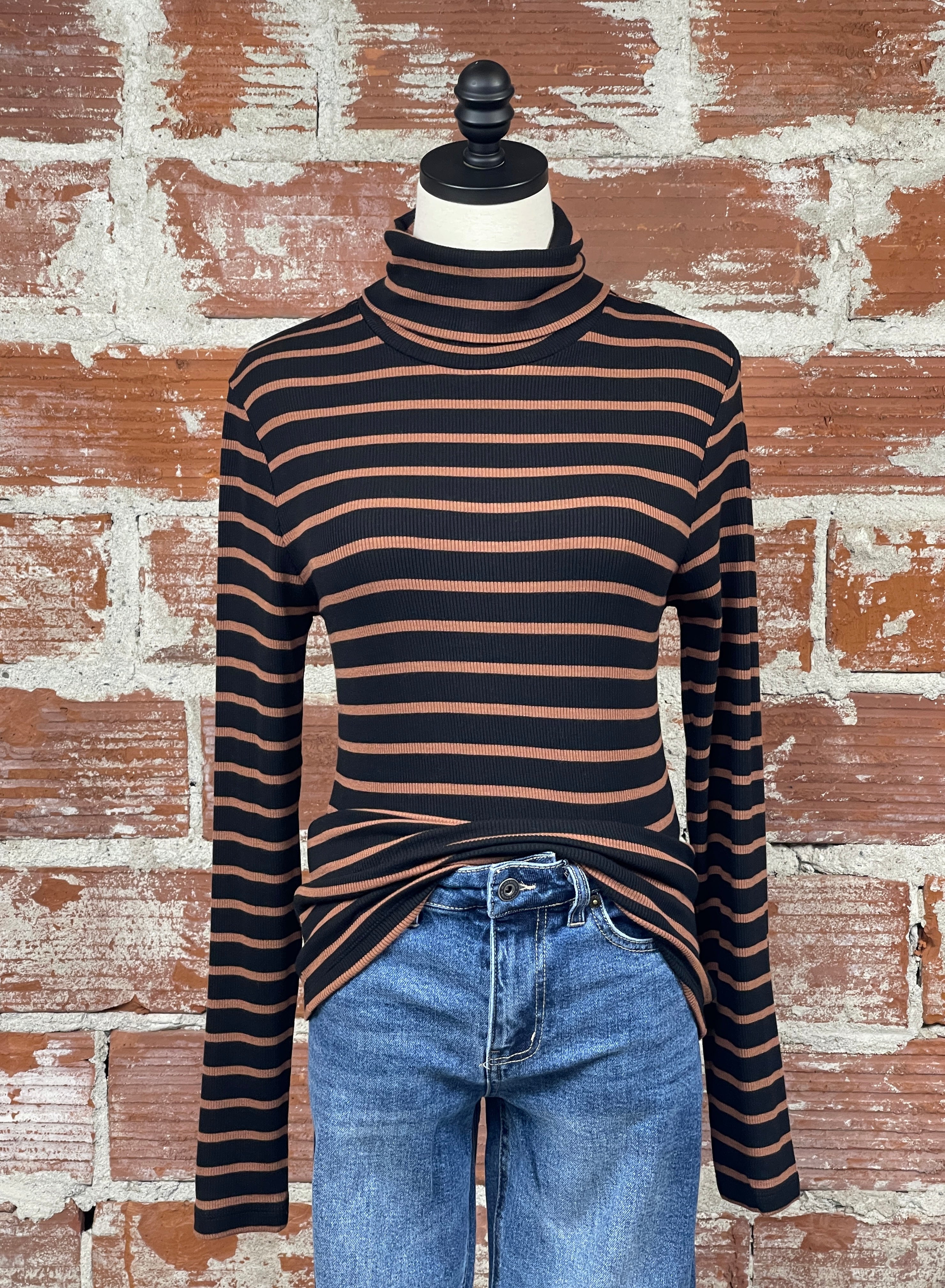 Sanctuary Essential Turtleneck in Rawhide and Black Stripe-121 - Jersey Tops F/W (June - Nov)-Little Bird Boutique