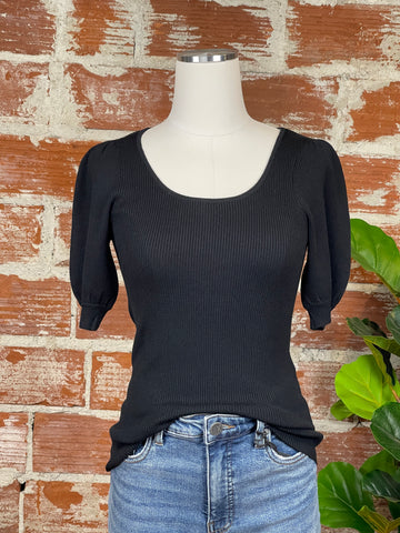 Scoop Neck Puff Elbow Sweater in Black