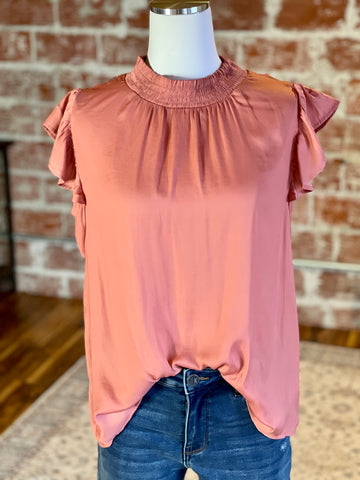Blouse with Smocked Mock Neck in Clay